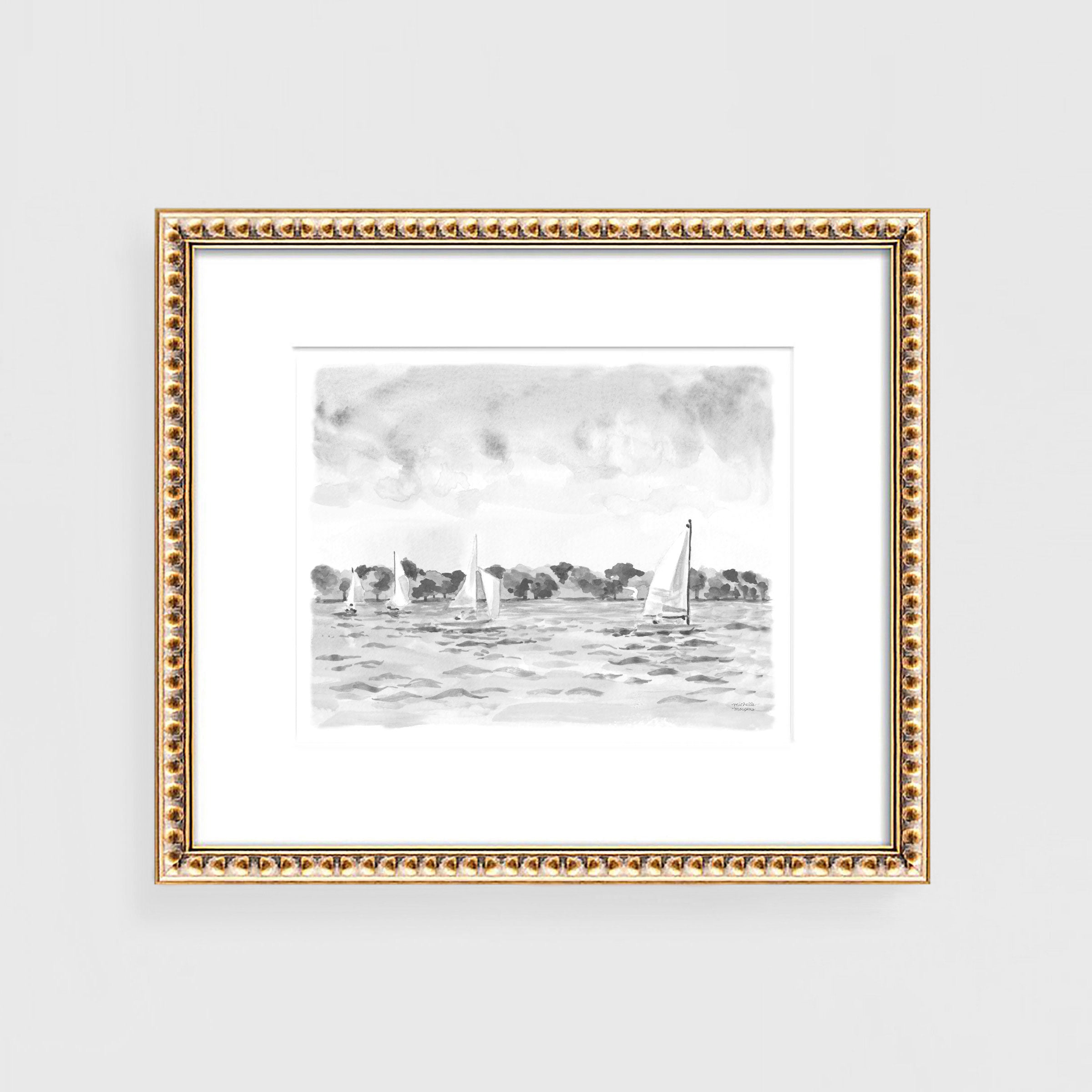 Sailing No3 Sailboats Watercolor Wall Art Print Gray Unframed - Michelle Mospens