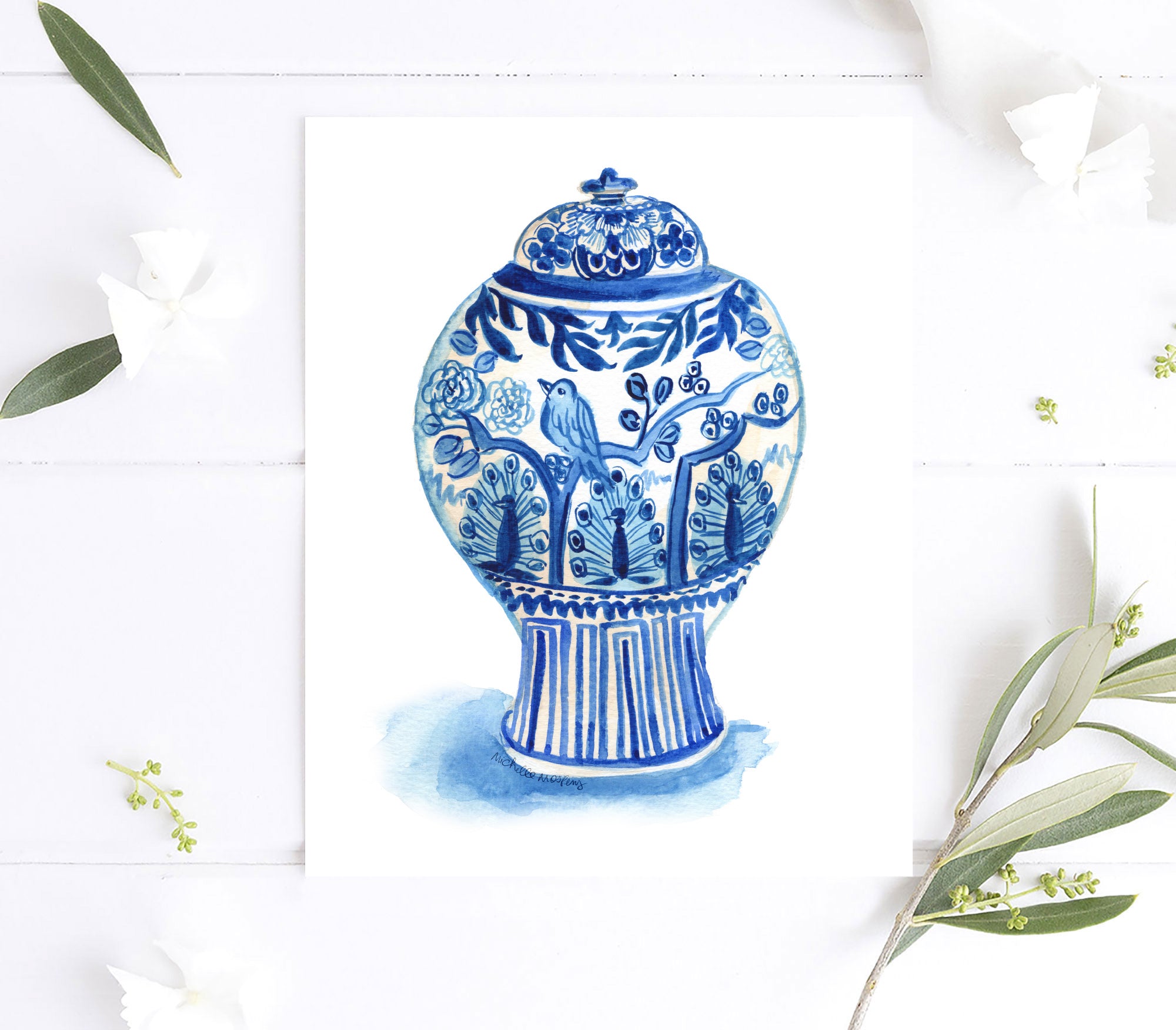 Watercolor Chinoiserie Ginger Jar No23 Wall Art Print, Unframed