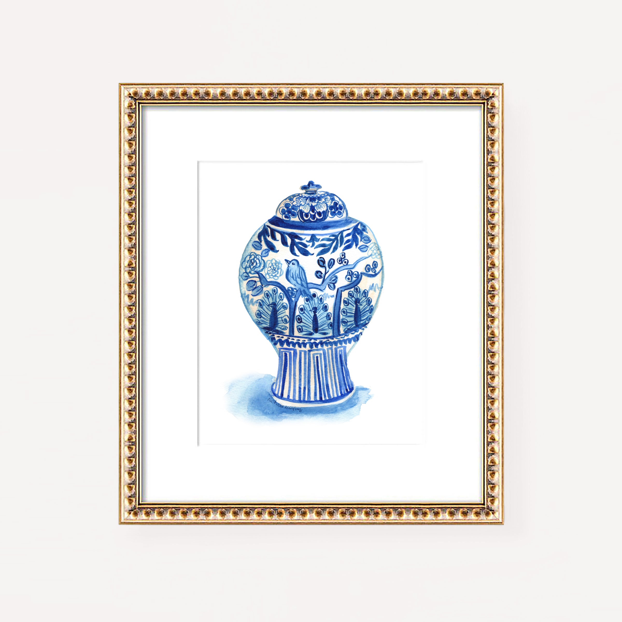 Watercolor Chinoiserie Ginger Jar No23 Wall Art Print, Unframed