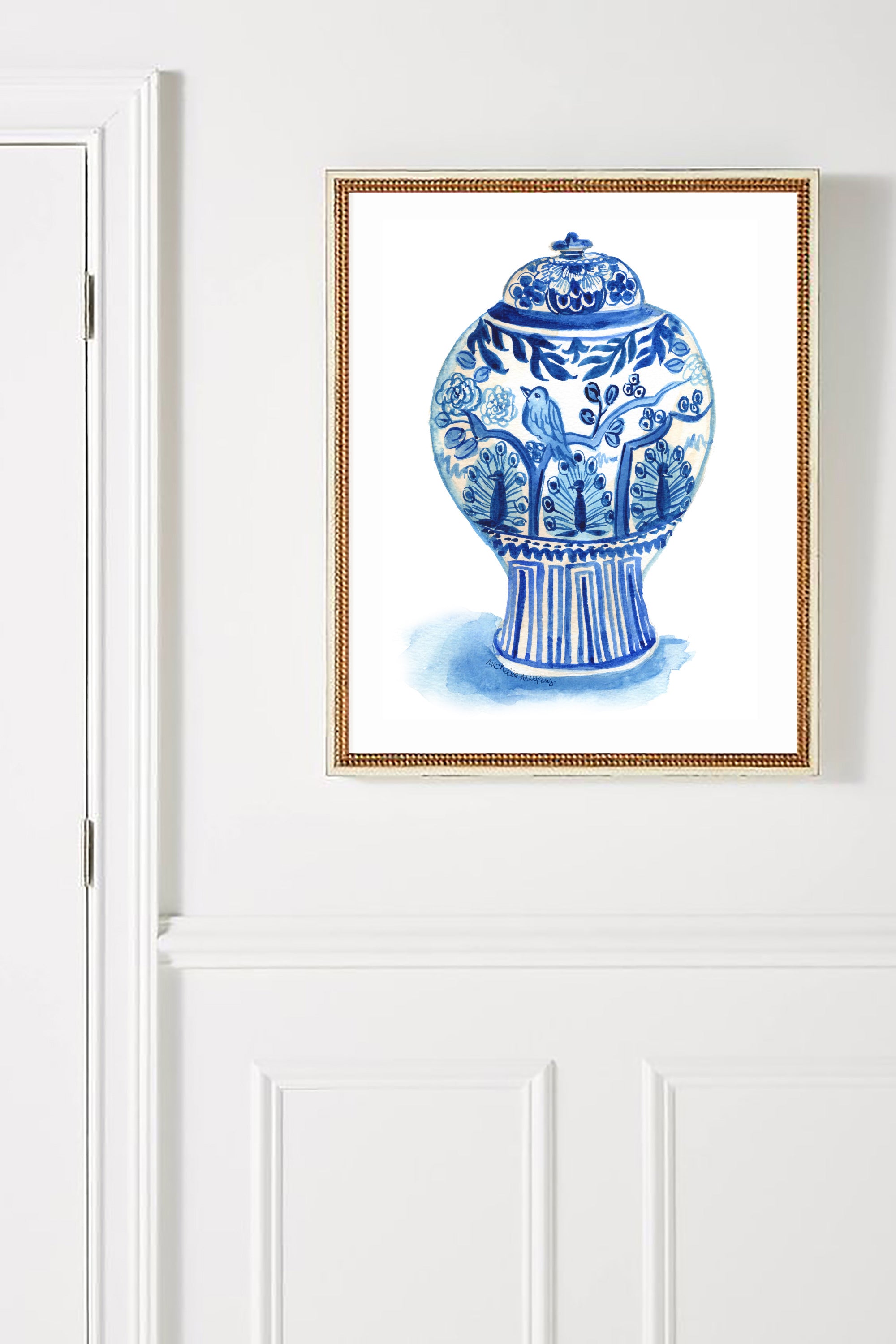 Watercolor Chinoiserie Ginger Jar No23 Wall Art Print, Unframed
