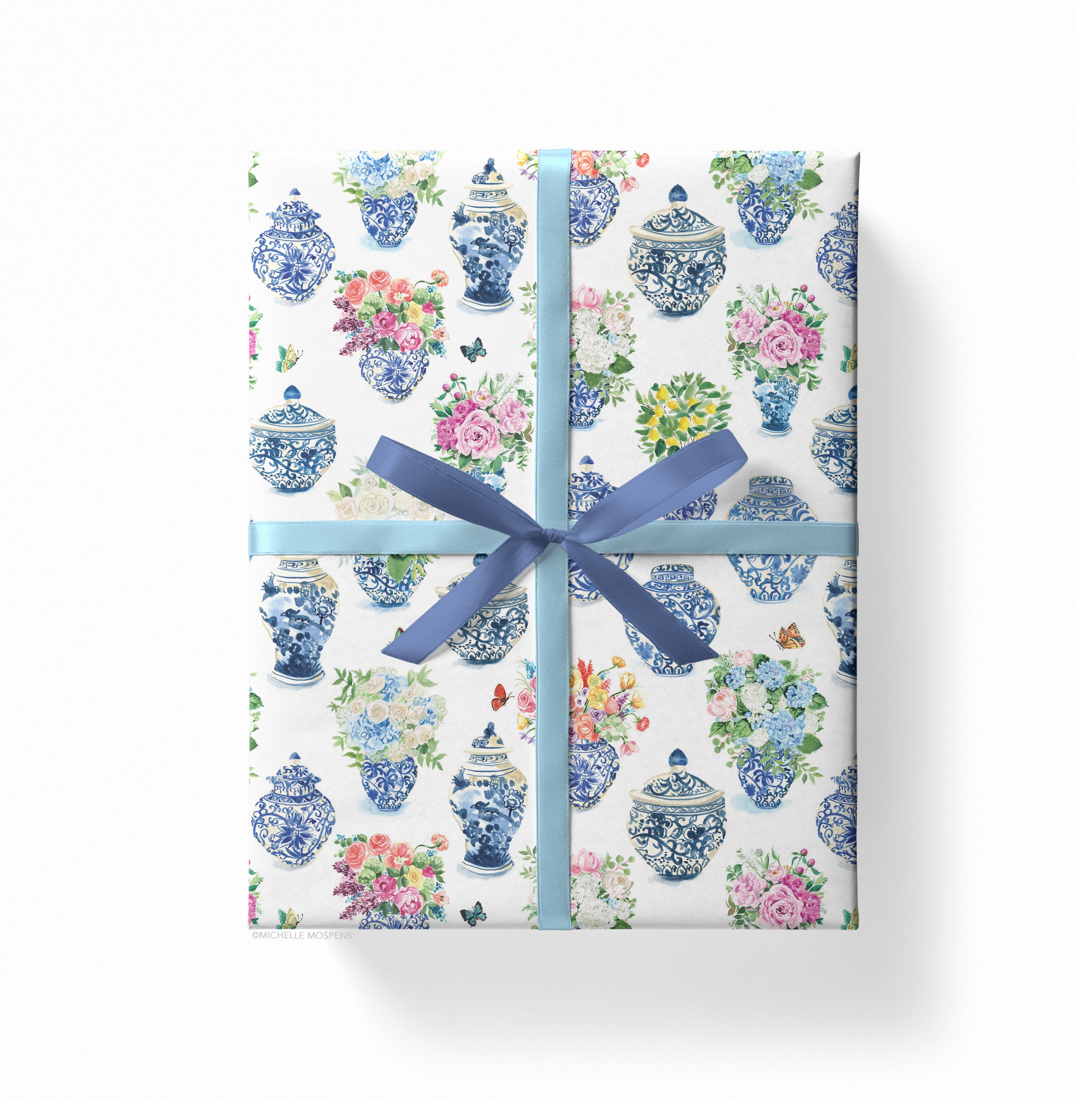 Watercolor Ginger Jar Bouquets Floral Chinoiserie Wrapping Paper by Michelle Mospens, Holiday, Christmas, Birthday Gift Wrap