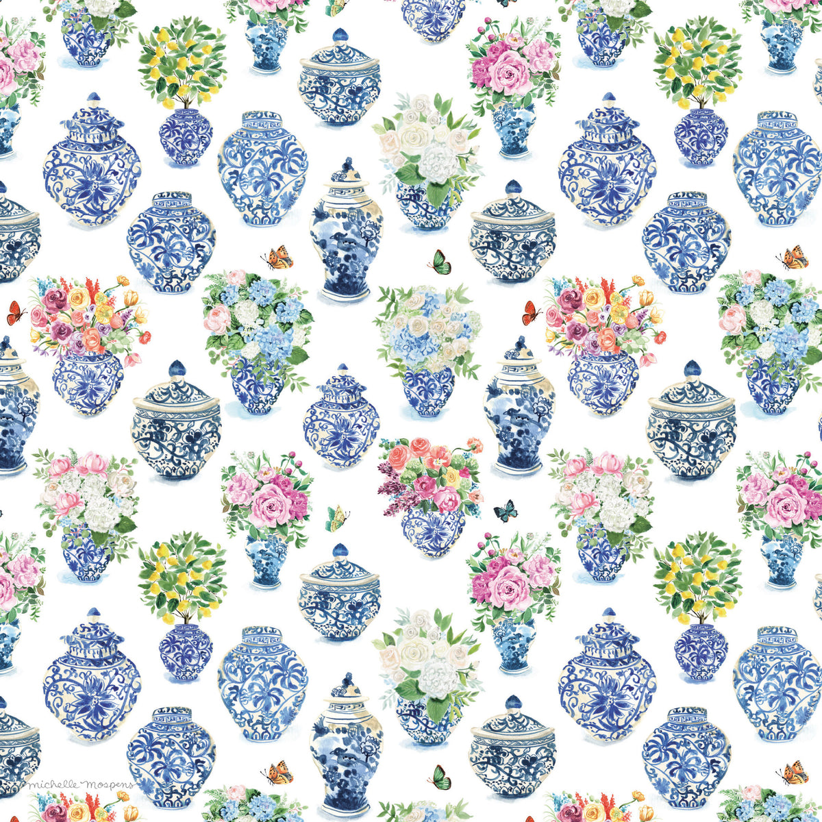 Watercolor Ginger Jar Bouquets Floral Chinoiserie Wrapping Paper by Michelle Mospens, Holiday, Christmas, Birthday Gift Wrap