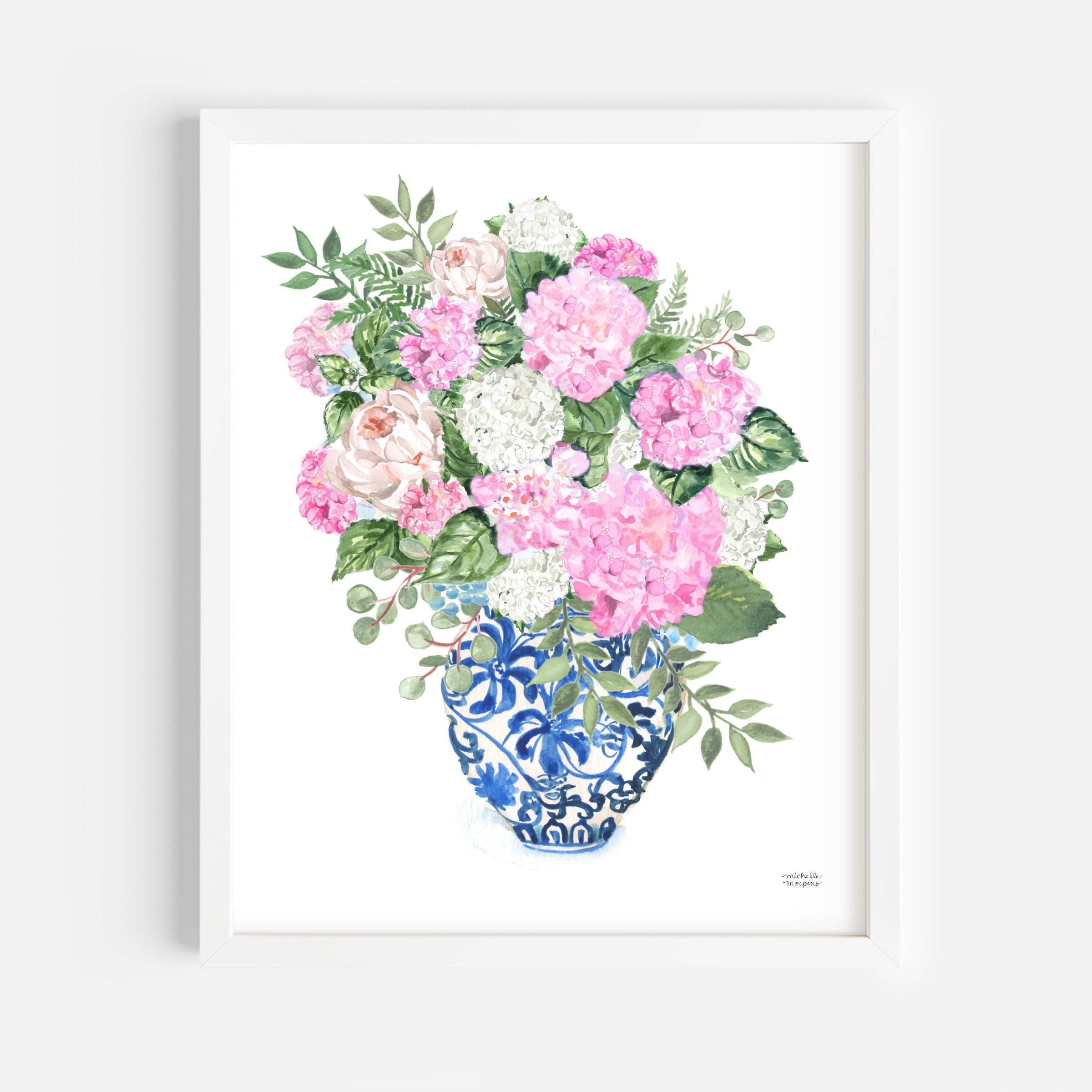 Chinoiserie Ginger Jar Vase Watercolor Pink Hydrangea Bouquet Wall Art Print by Michelle Mospens, Unframed