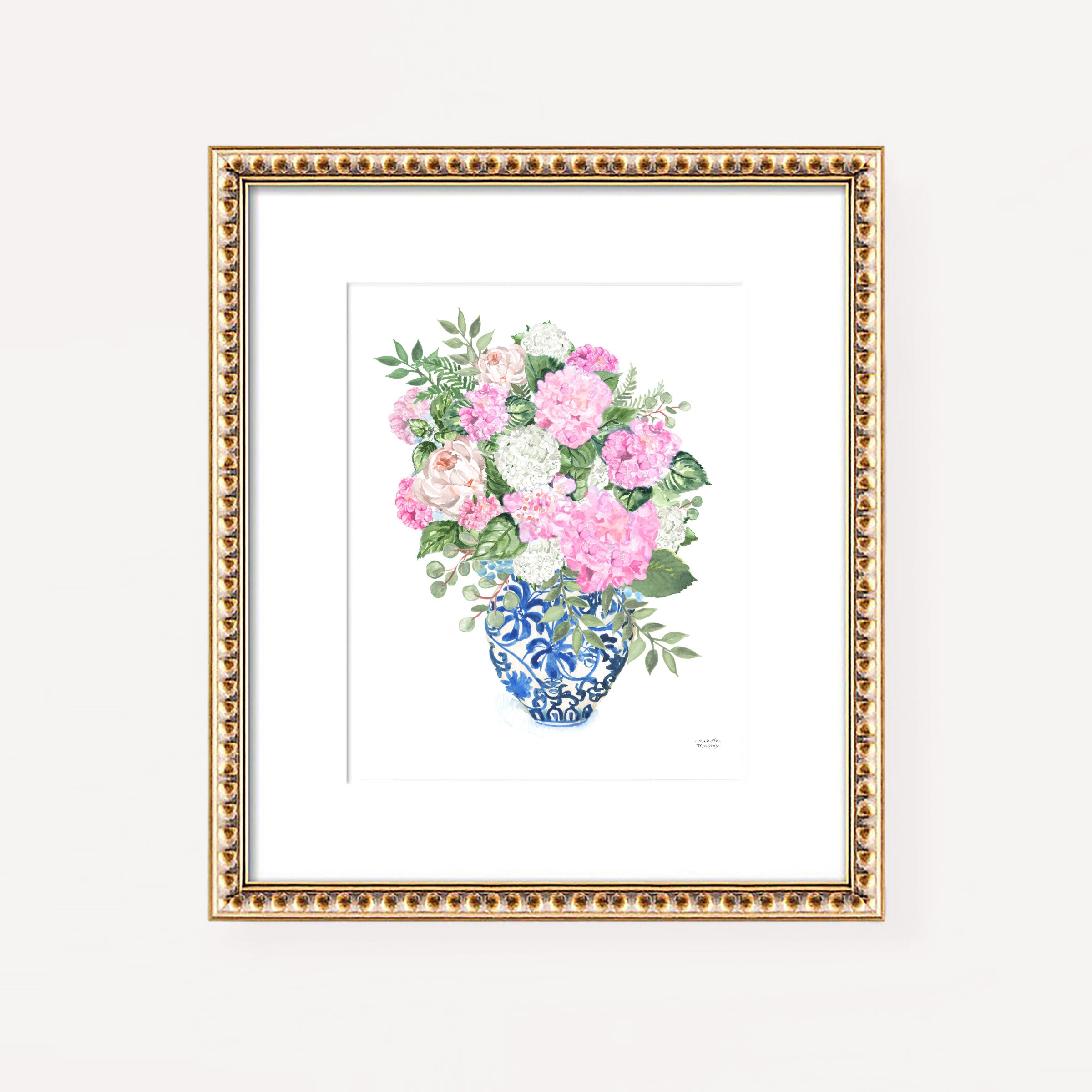 Chinoiserie Ginger Jar Vase Watercolor Pink Hydrangea Bouquet Wall Art Print by Michelle Mospens, Unframed