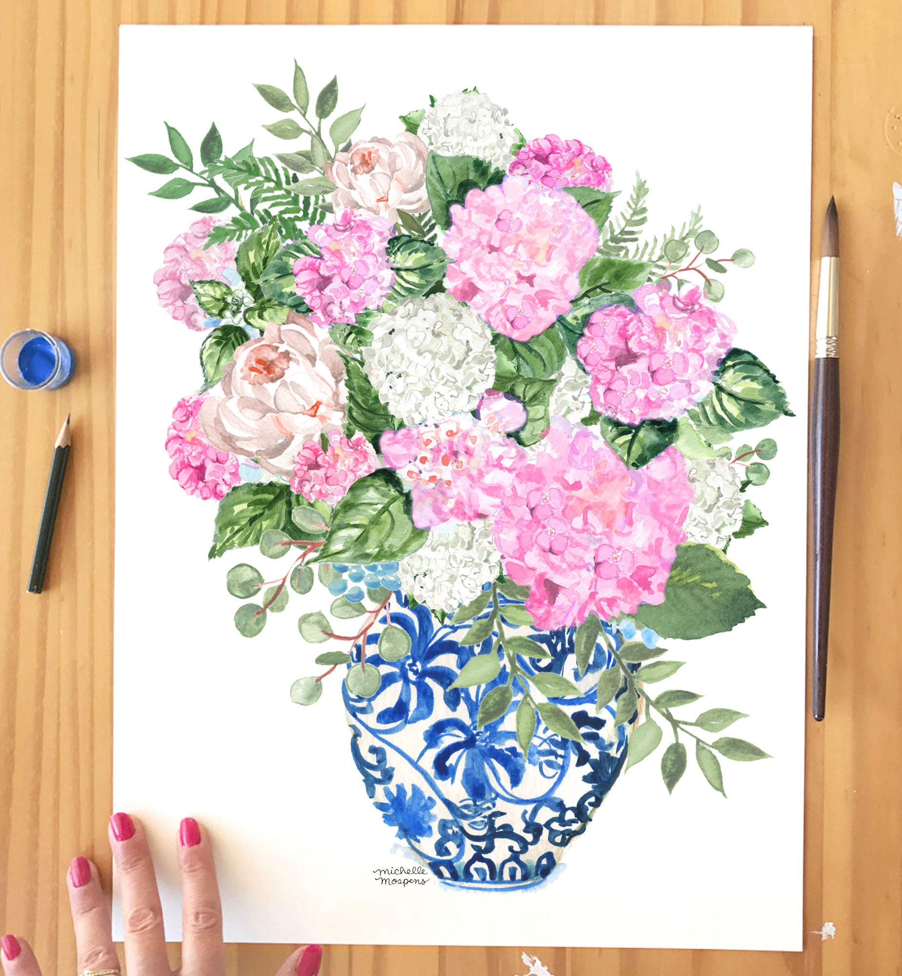 Chinoiserie Ginger Jar Vase Watercolor Pink Hydrangea Bouquet Wall Art Print by Michelle Mospens, Unframed