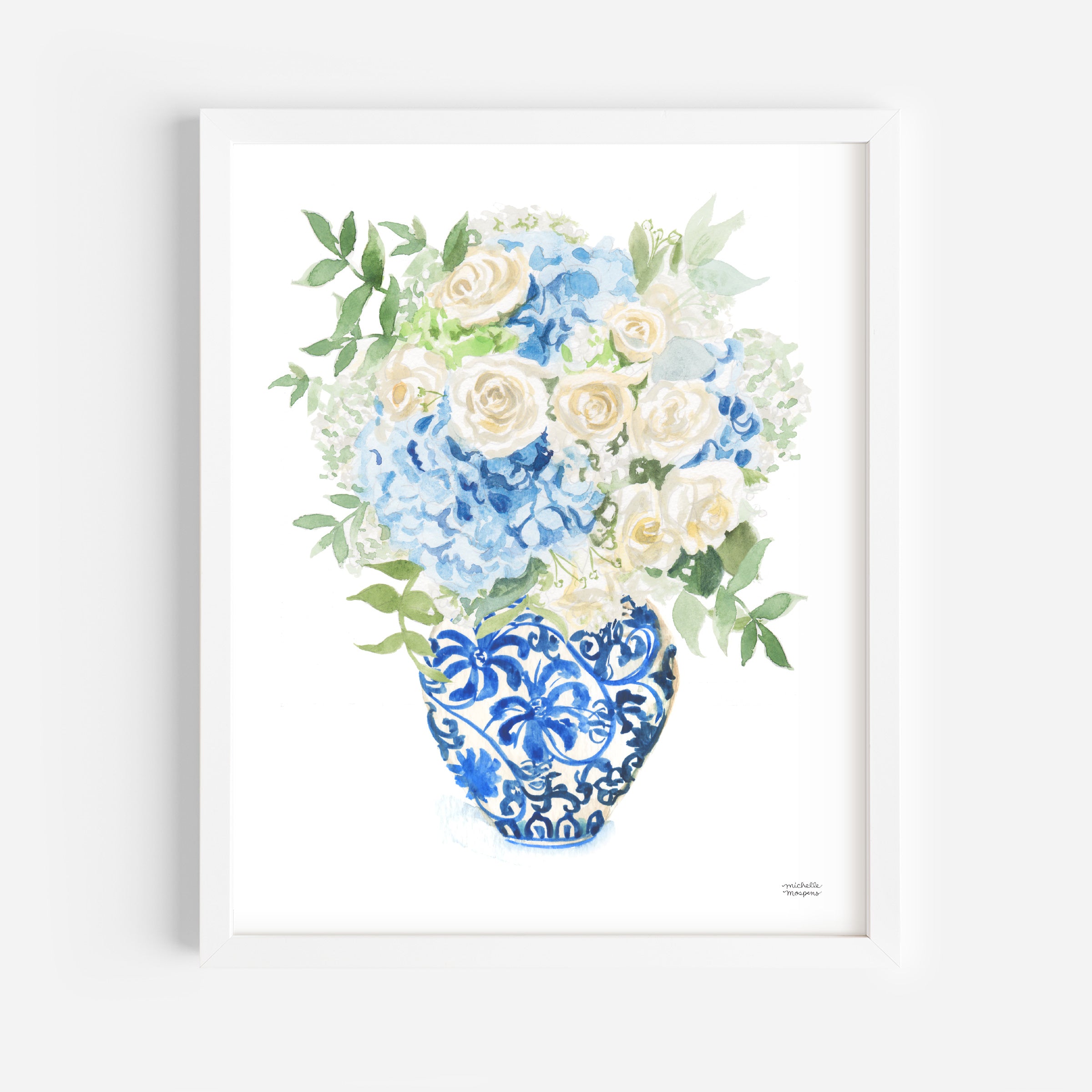 Watercolor Ginger Jar Bouquet Print No17 (no lid)