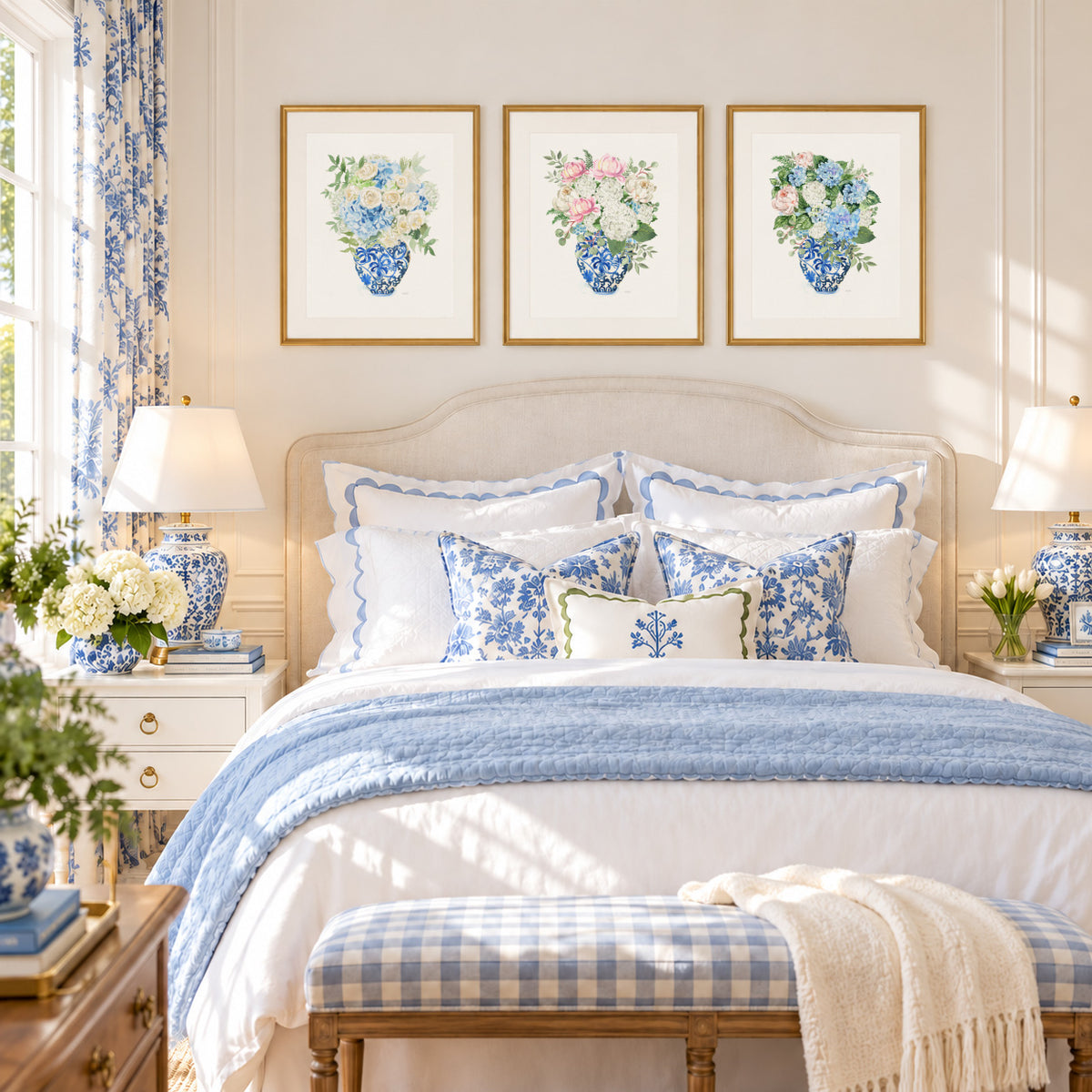 Chinoiserie Bedroom Wall Art, Floral Hydrangea Bedroom Decor, Ginger Jar Botanical Print