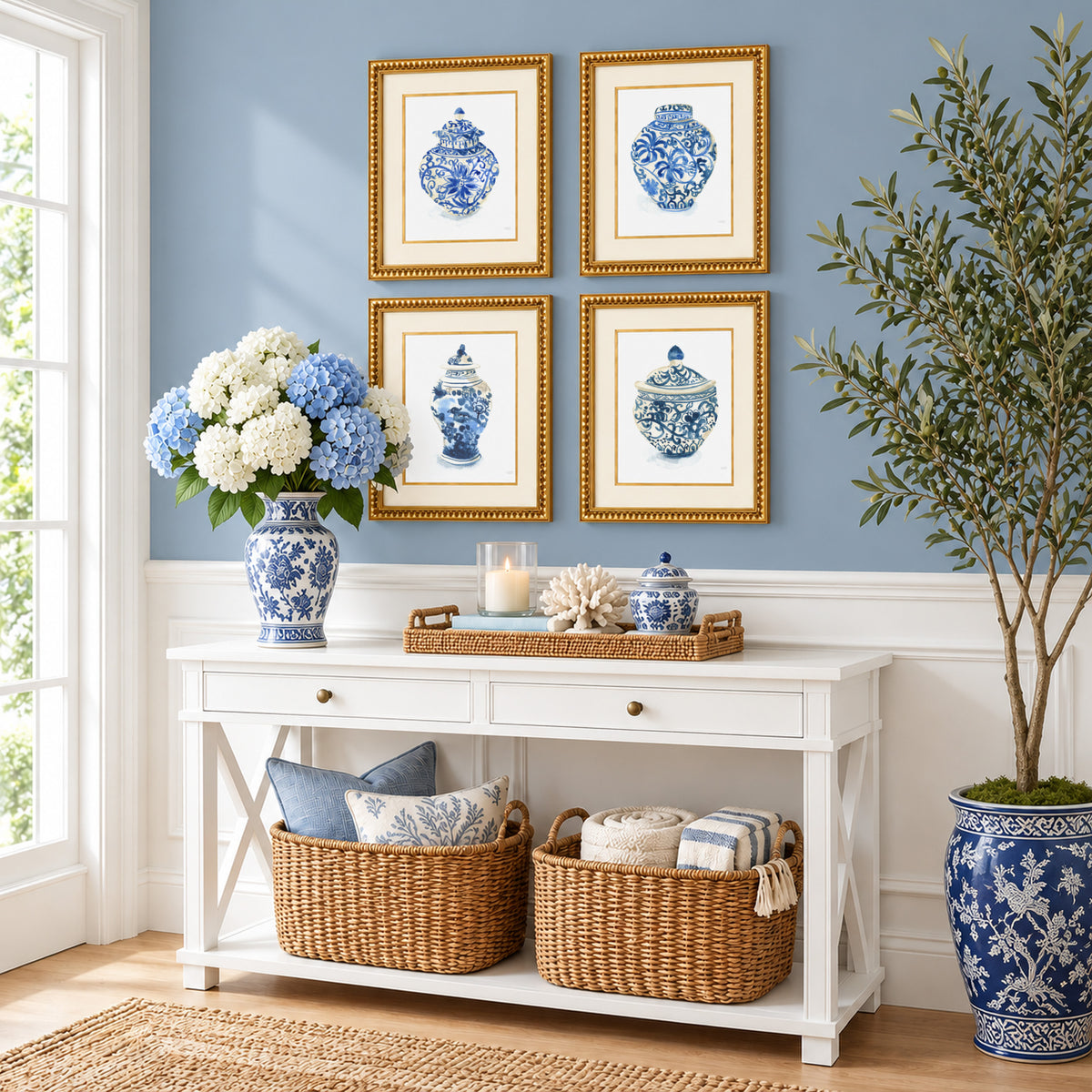 A set of four watercolor ginger jars wall art prints by artist Michelle Mospens. Perfect for coastal grandmillennial home decor.