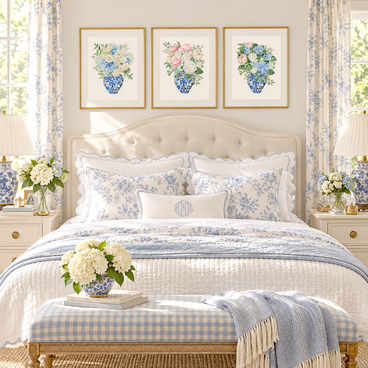 Chinoiserie Bedroom Wall Art, Floral Hydrangea Bedroom Decor, Ginger Jar Botanical Print