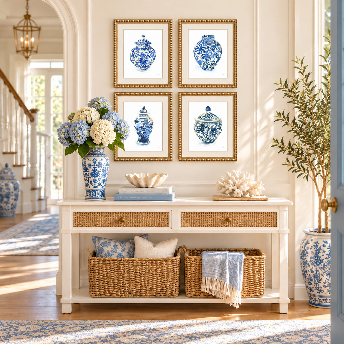 A set of four watercolor ginger jars wall art prints by artist Michelle Mospens. Perfect for grandmillennial home decor.