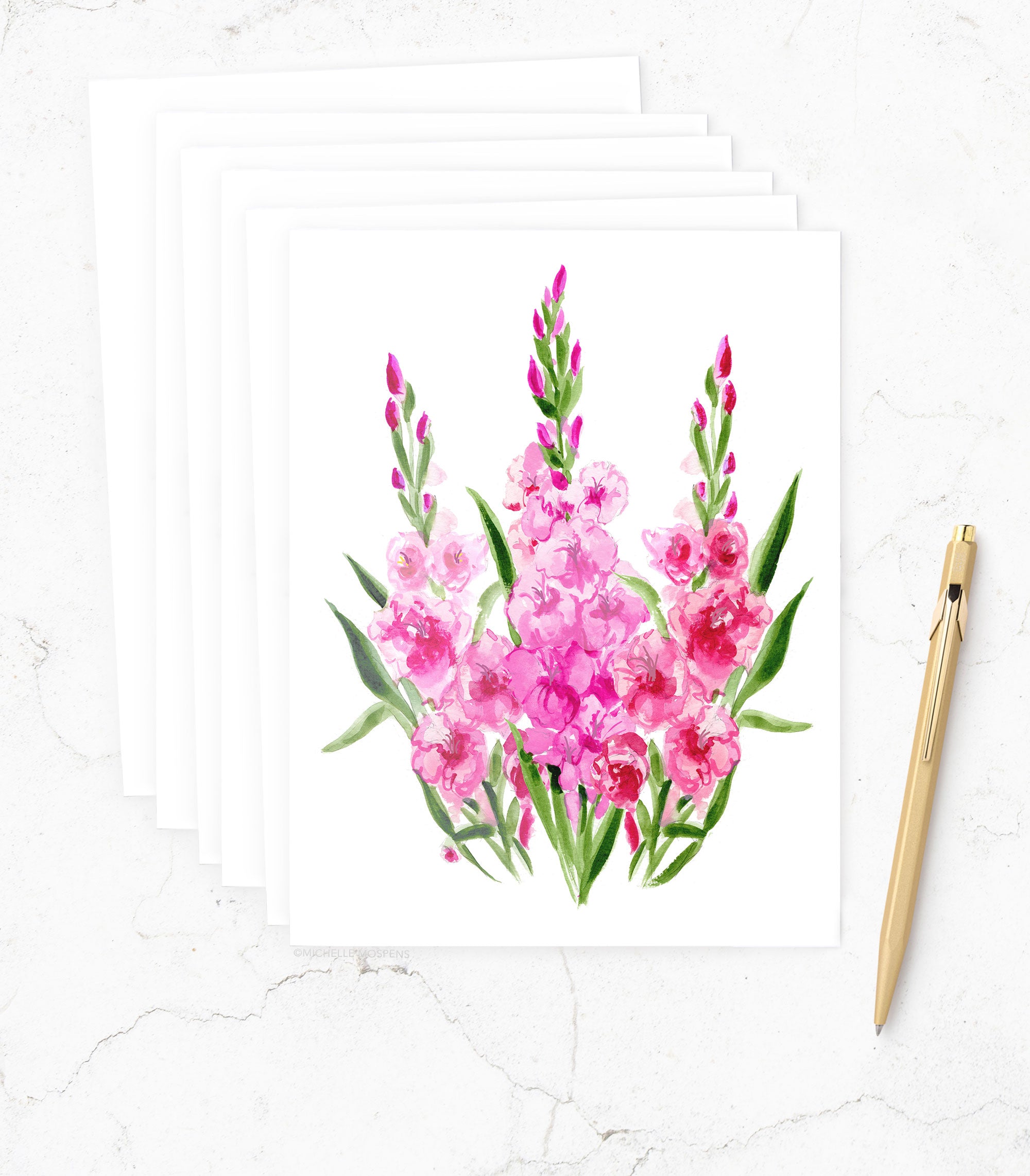Botanical Watercolor Gladiolus Notecards, August Birth Flower Stationery | Michelle Mospens