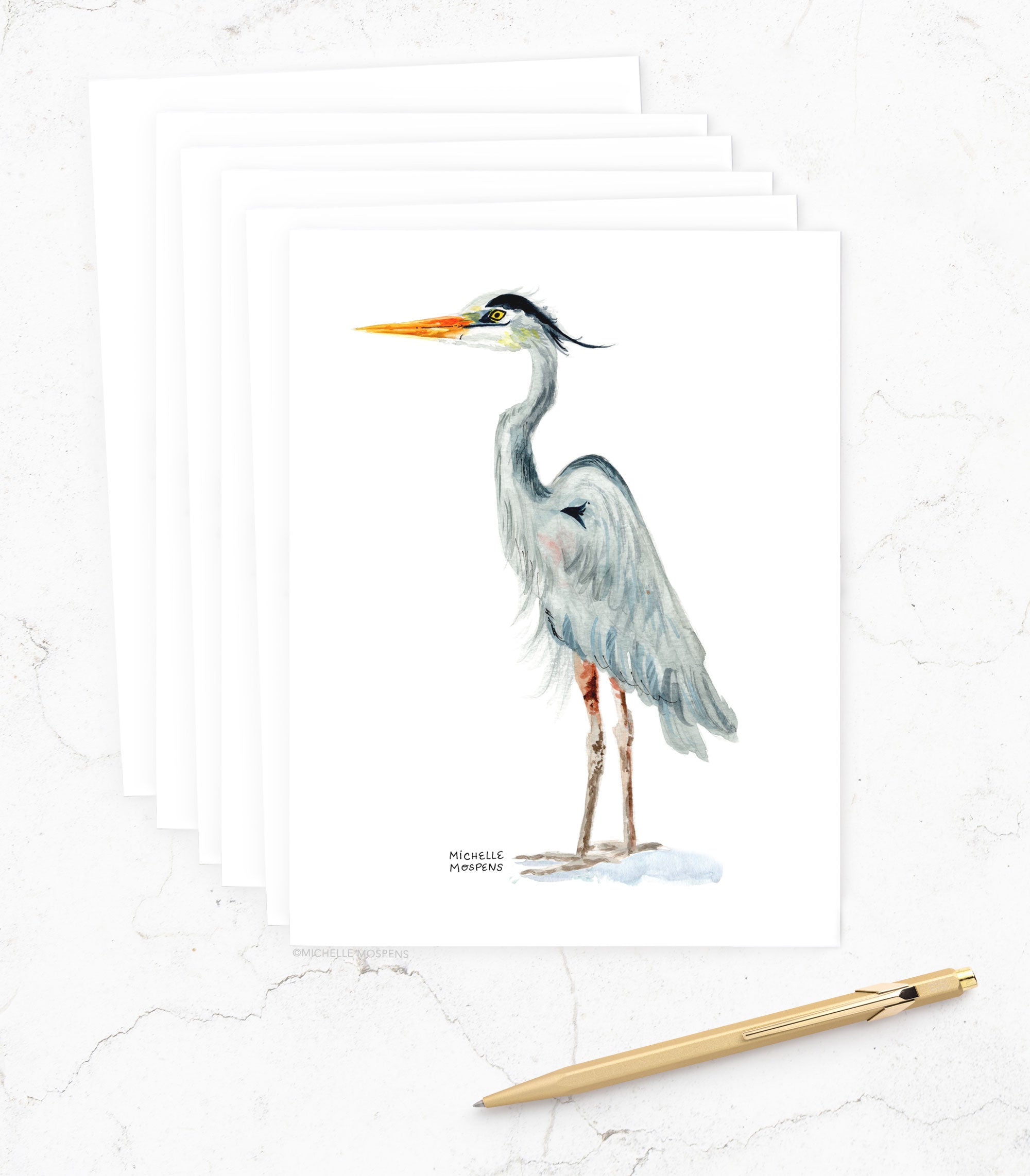 Set of Illustrated Blue Heron Note Cards: Watercolor Heron Beach Stationery Notecards (Stationary) | Gifts for mom, dad, teacher