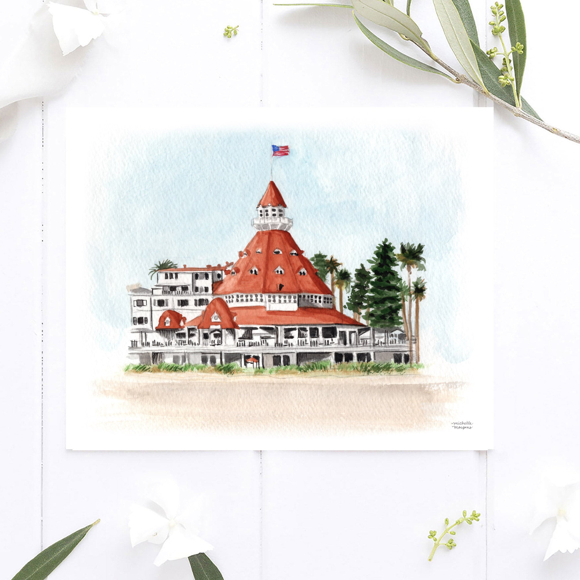 Hotel del Coronado California Watercolor Wall Art Print, Unframed