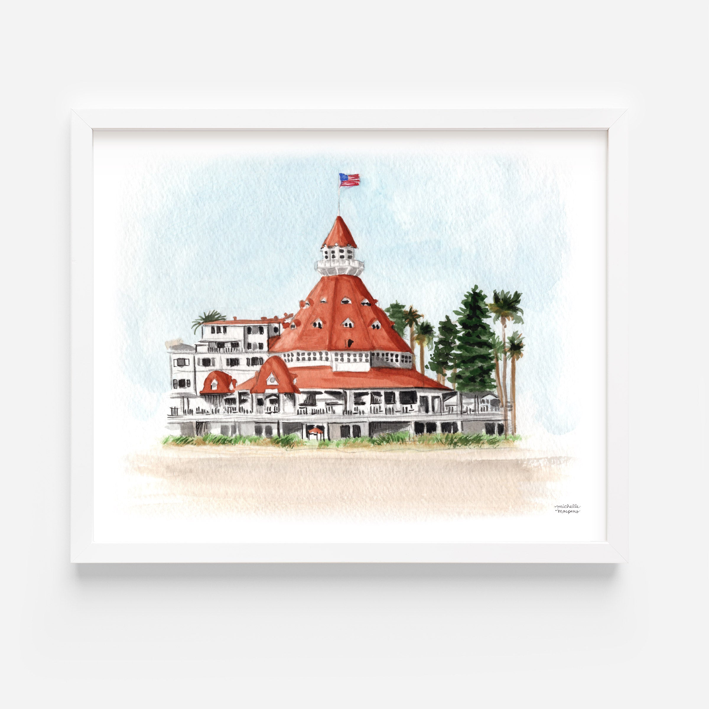 Hotel del Coronado California Watercolor Wall Art Print, Unframed