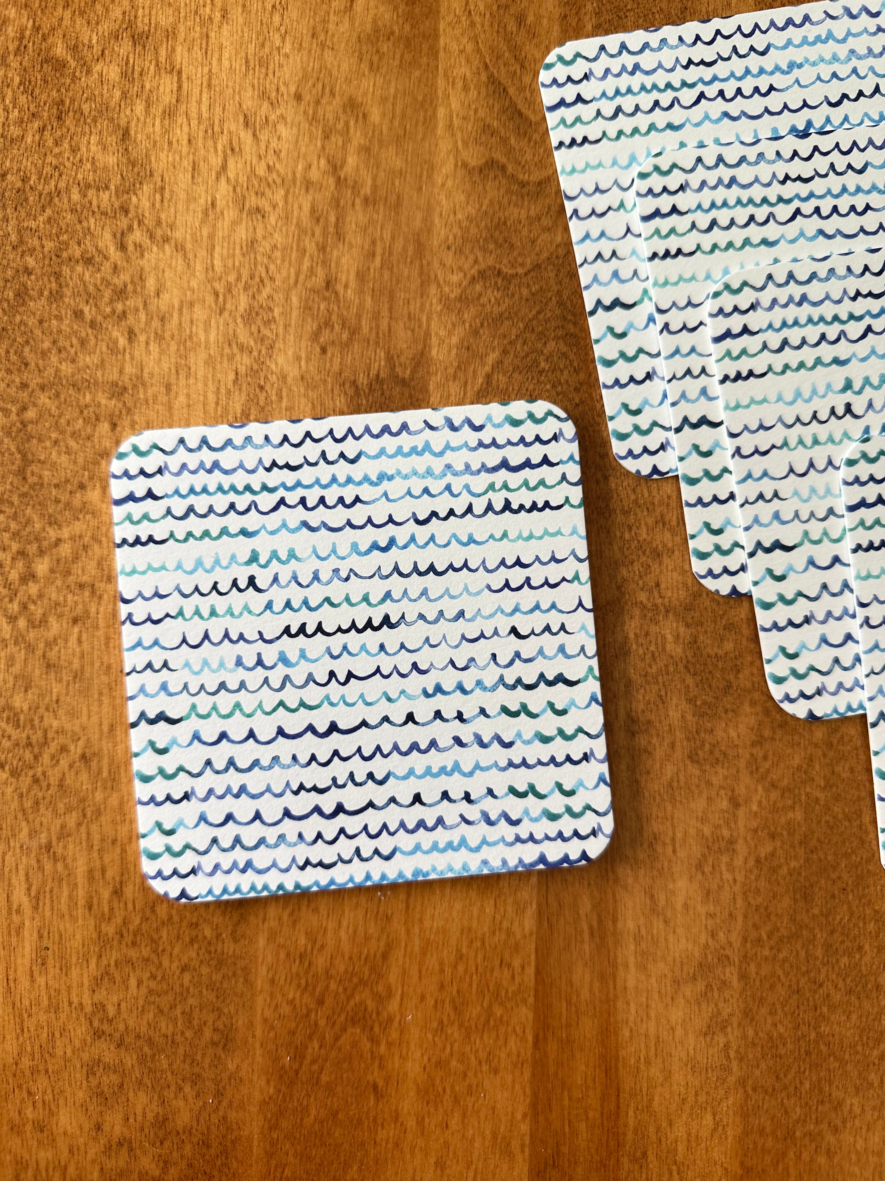 Cute and Fun Watercolor Nautical Waves Drink Paper Coasters