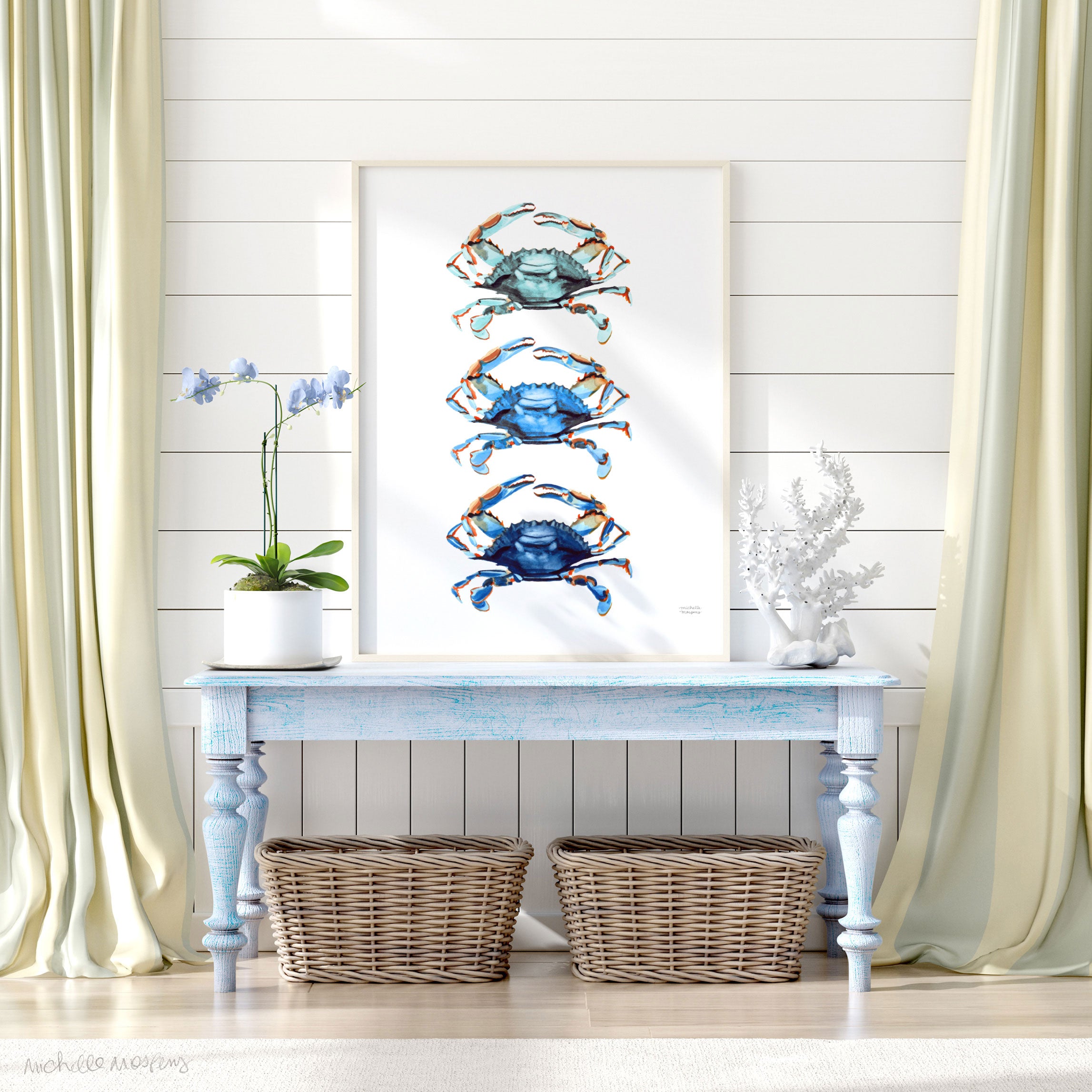 Watercolor Blue Crabs Extra Large Wall Art Print by Michelle Mospens, Unframed