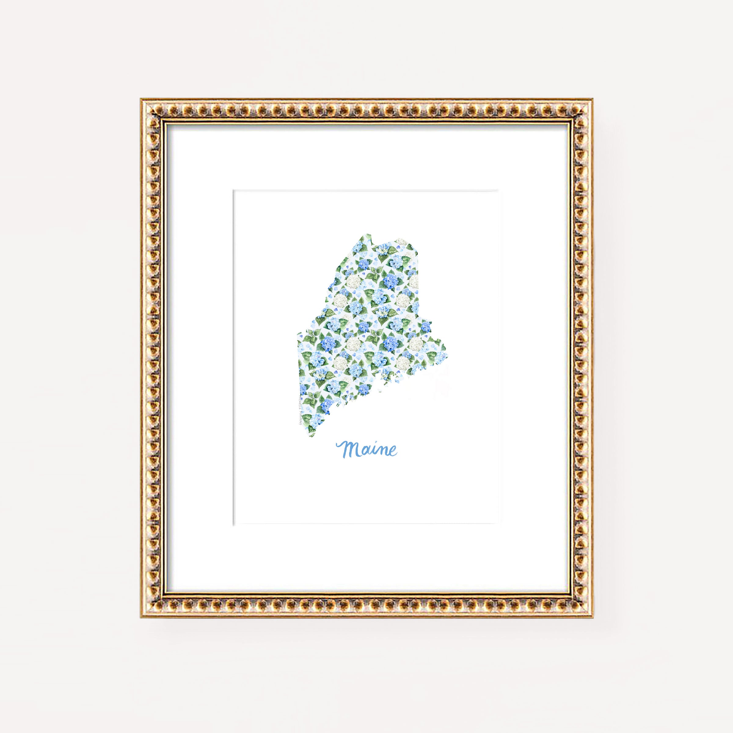 Watercolor hydrangea floral map of Maine wall art print on a white coverstock, unframed, cute Maine gift