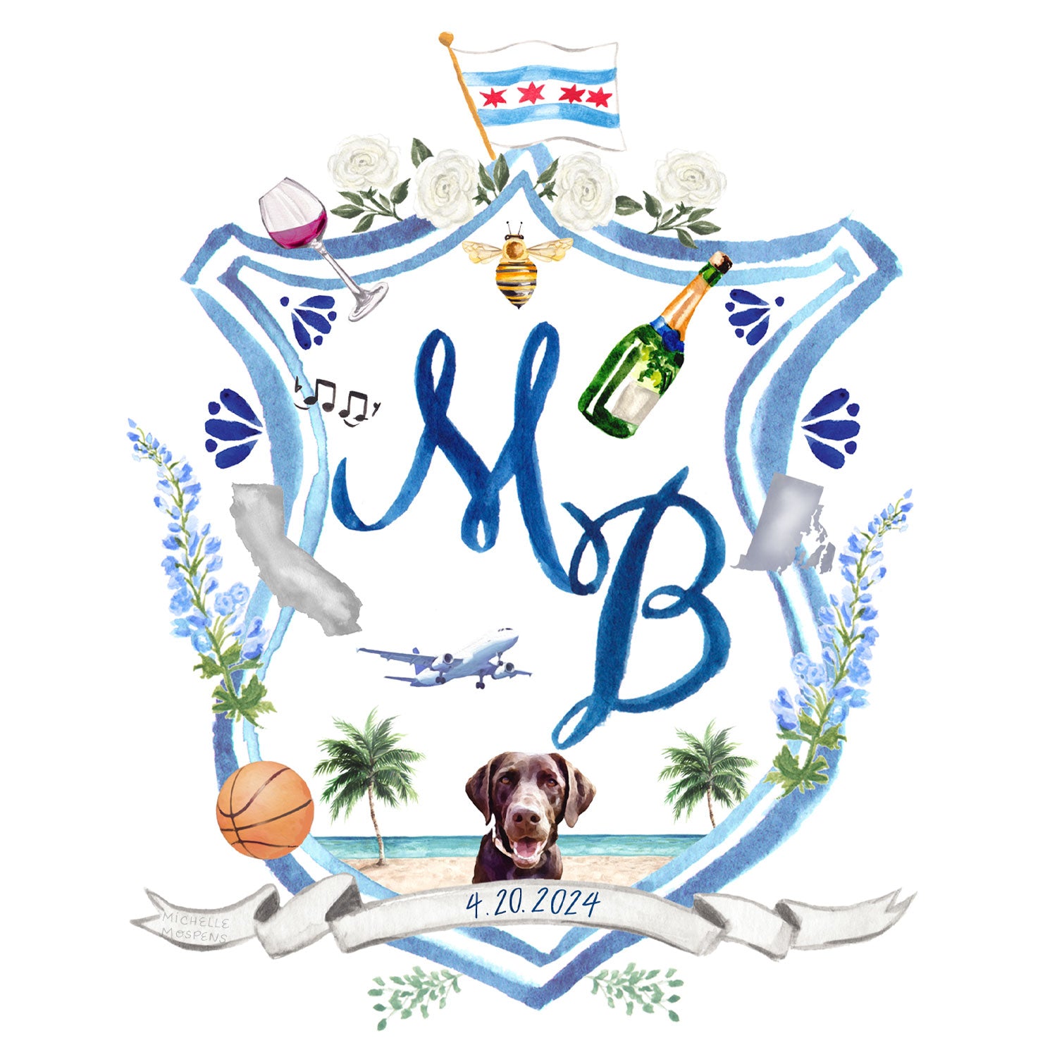 Custom Hand-painted Monogram Crest Illustration