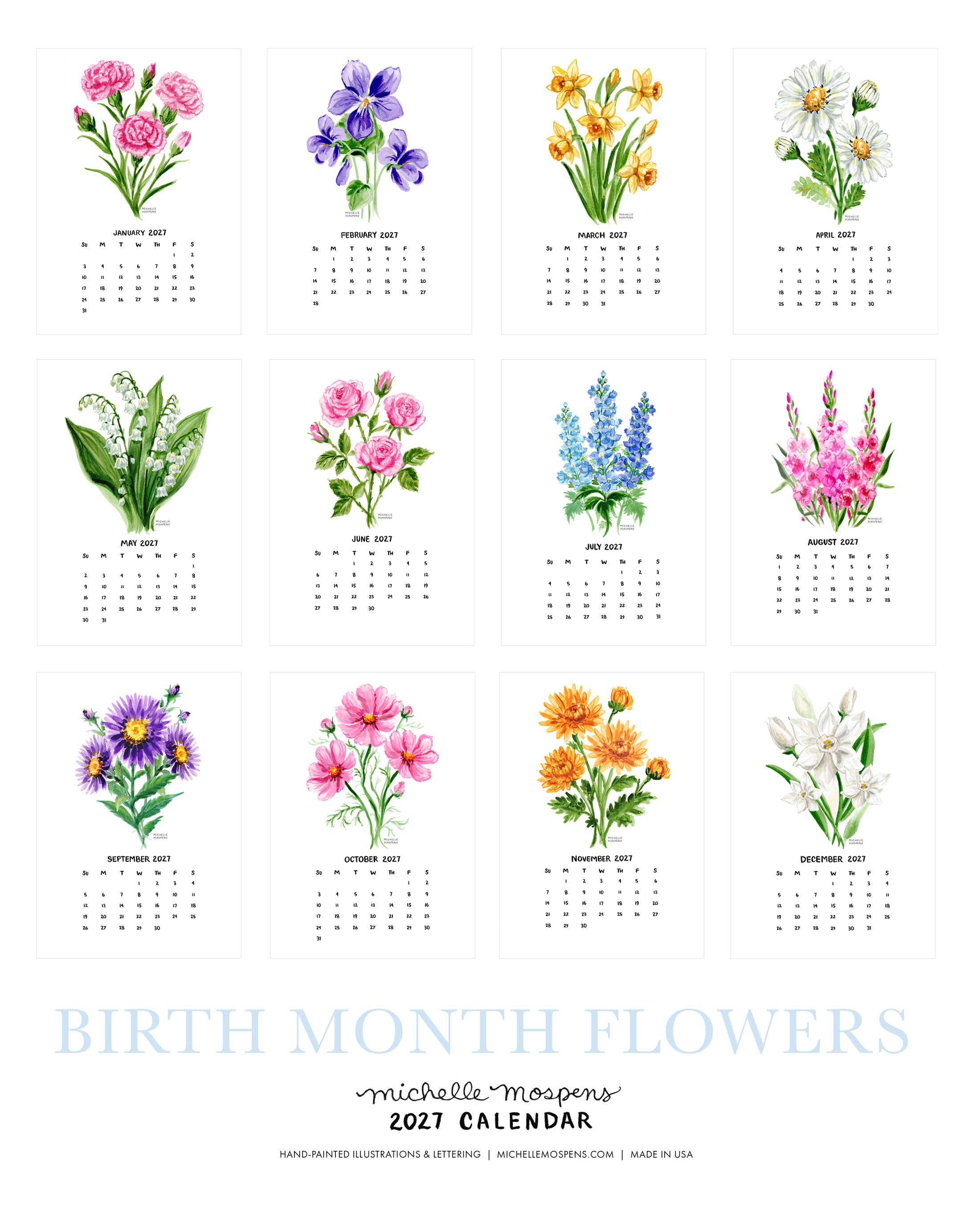 Watercolor Birth Month Flowers Mini Monthly 2027 Desk Calendar by Michelle Mospens