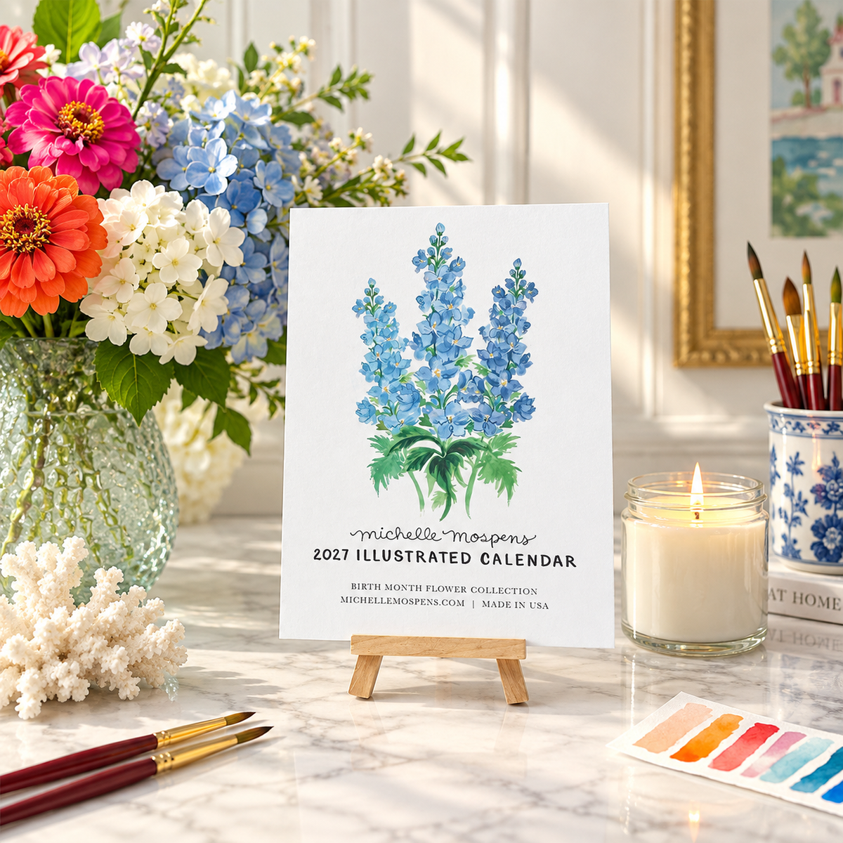 Watercolor Birth Month Flowers Mini Monthly 2027 Desk Calendar by Michelle Mospens