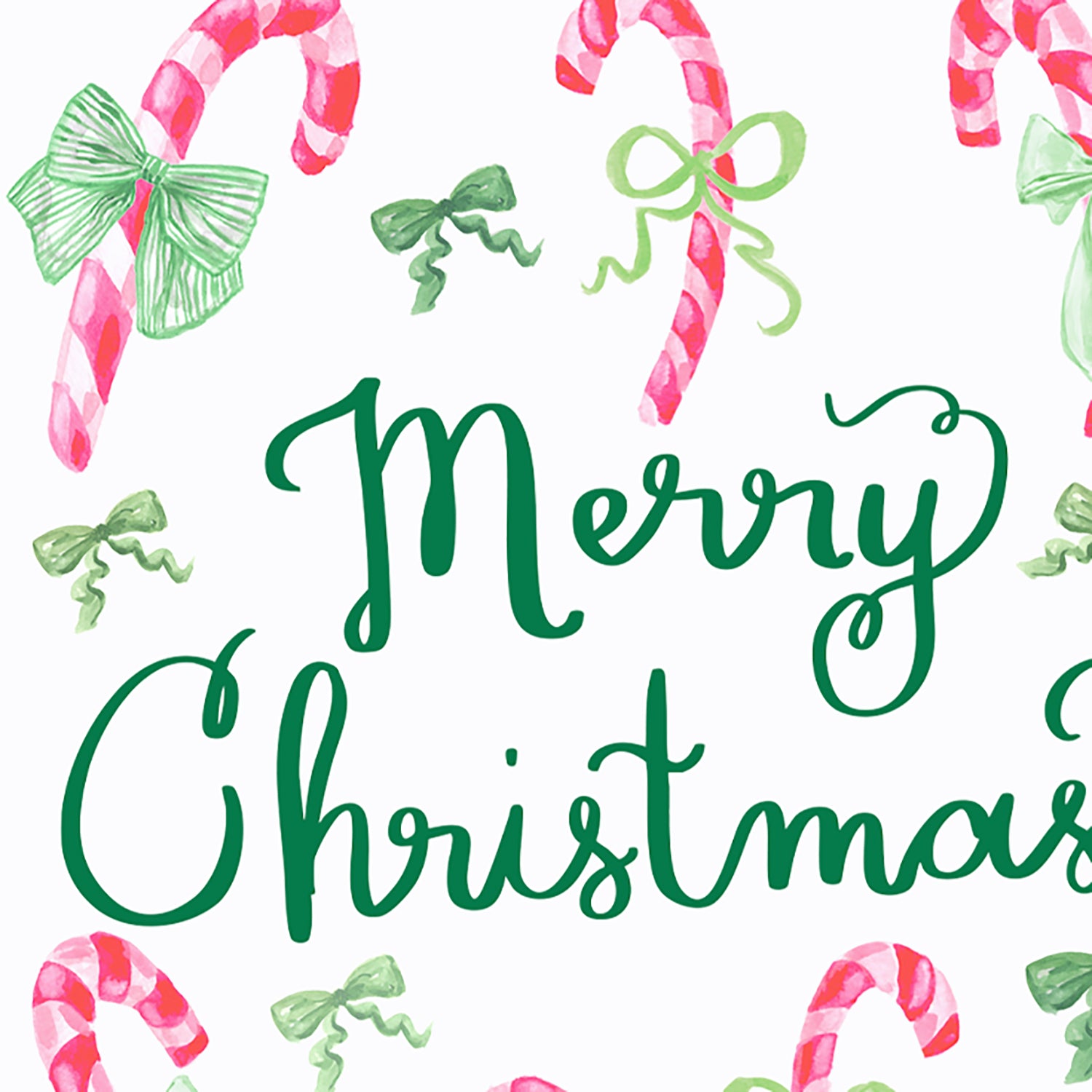 A watercolor illustrated folder Christmas card of pink candy canes wrapped in green bows with hand-lettering "Merry Christmas" in the middle. A white envelope is included.