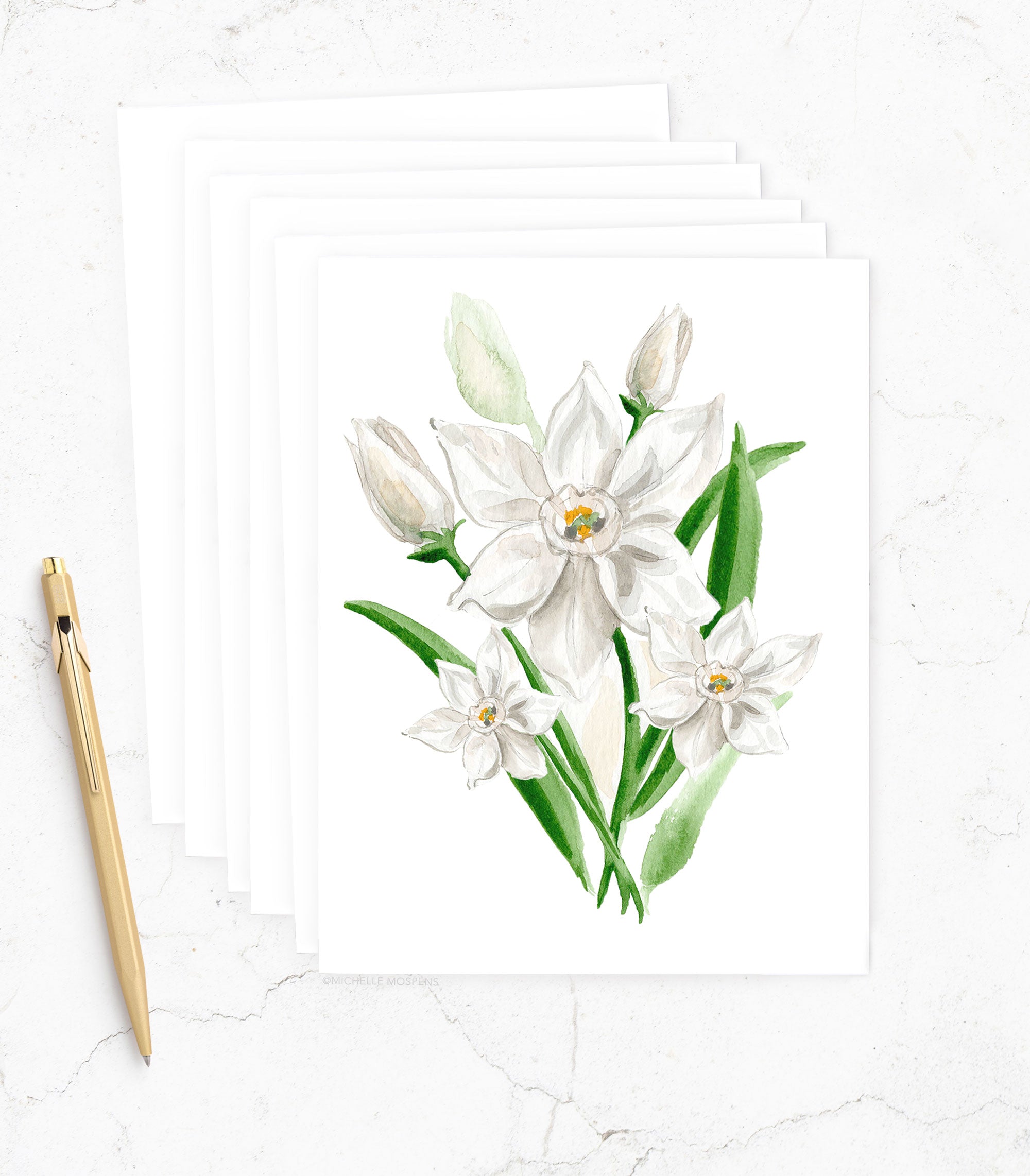 Botanical Watercolor Narcissus Notecards, December Birth Flower Stationery | Michelle Mospens