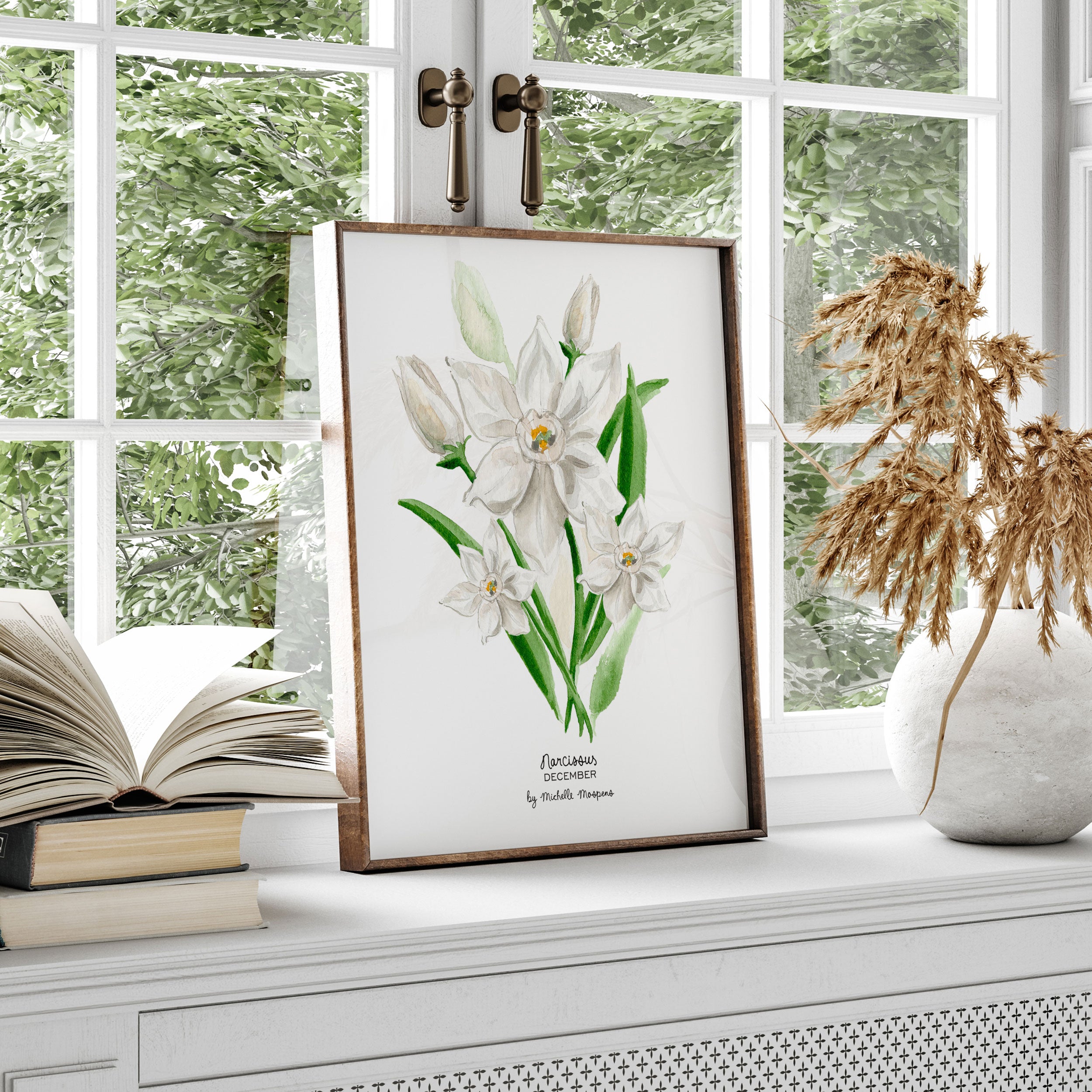Narcissus December Birth Flower Botanical Watercolor Wall Art Print by Michelle Mospens
