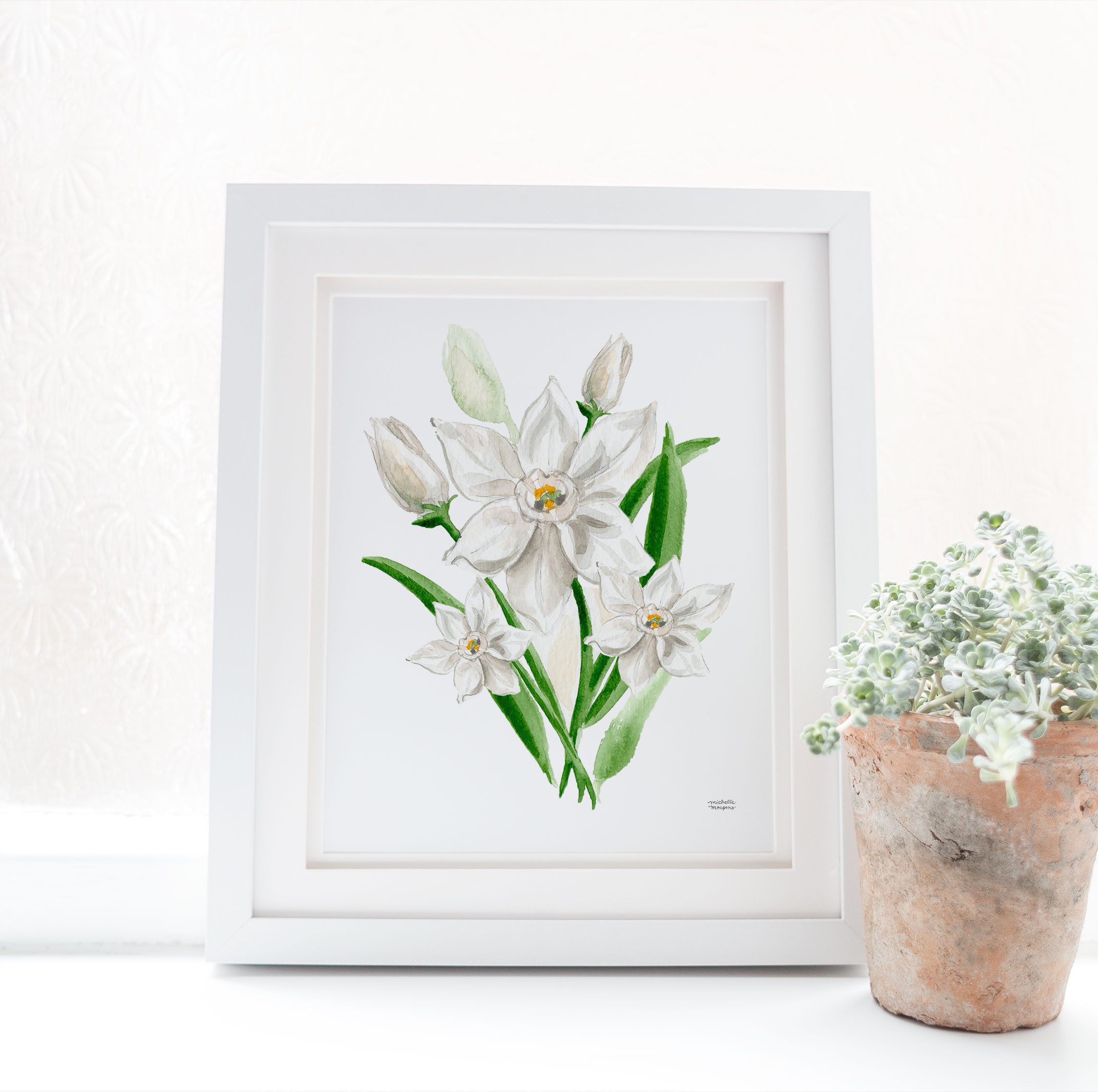 Narcissus Botanical Flower Floral Watercolor Wall Art Print by Michelle Mospens