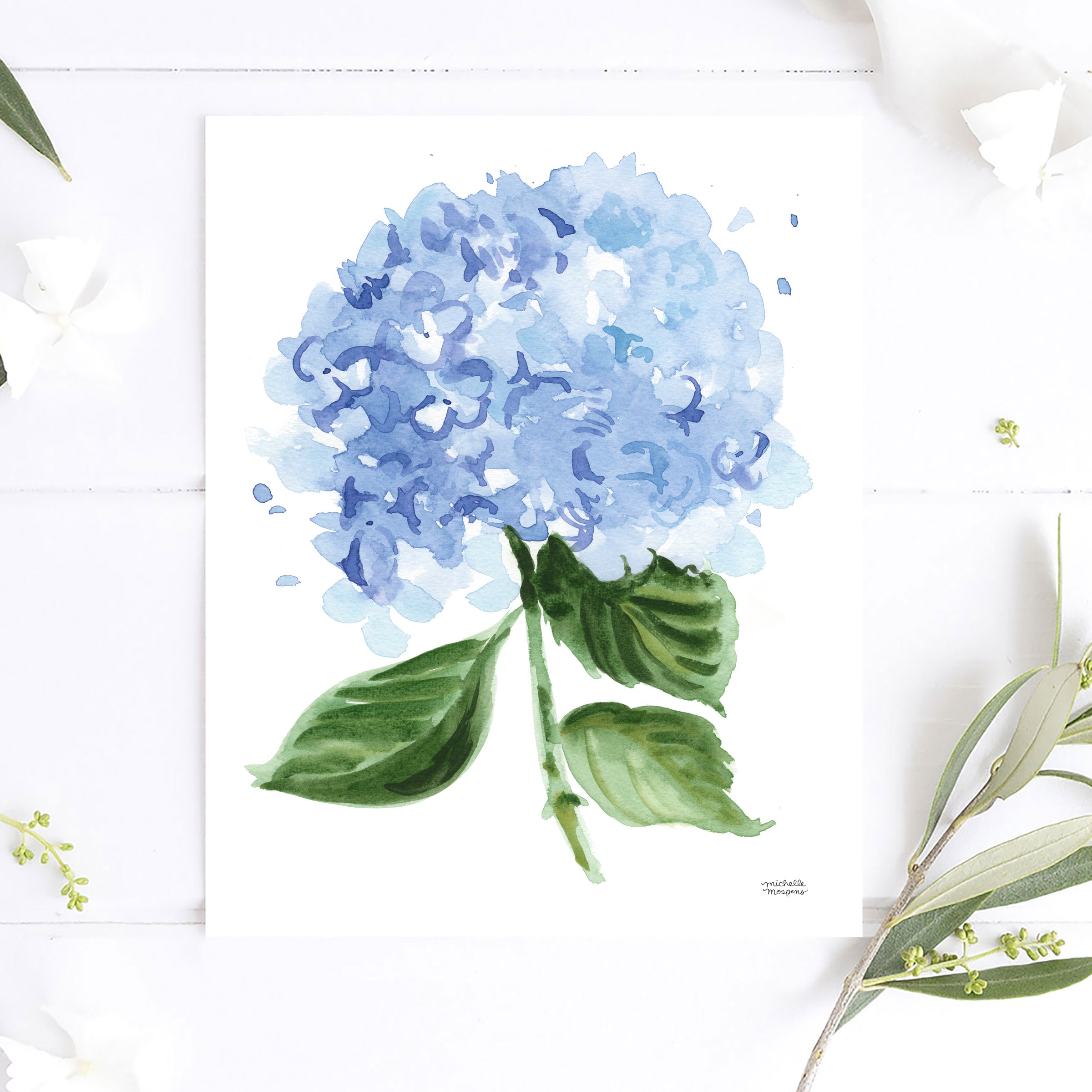 French Blue Hydrangea Flower Botanical No1 Watercolor Wall Art Print by Michelle Mospens, Unframed