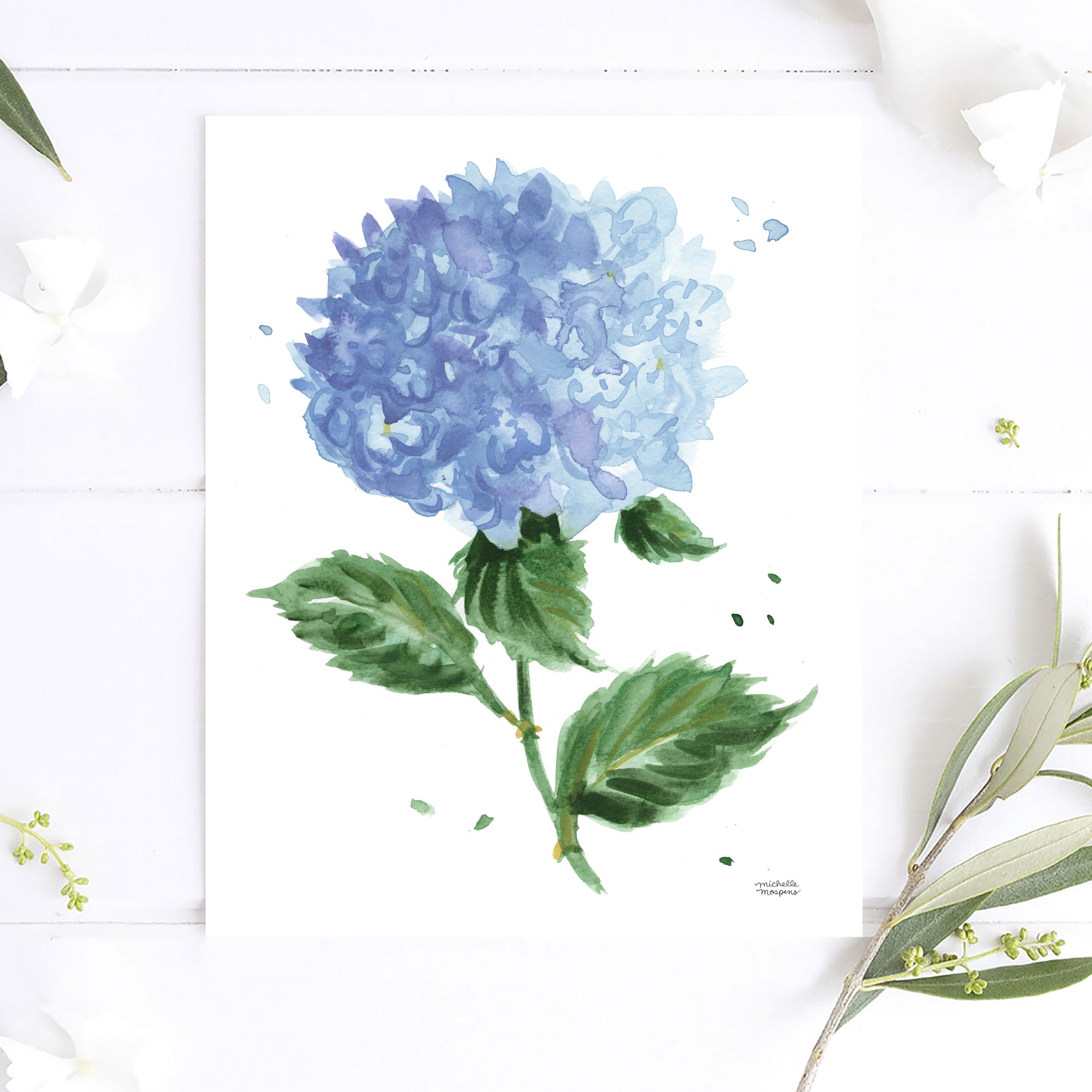 French Blue Hydrangea Flower Botanical No2 Watercolor Wall Art Print by Michelle Mospens, Unframed