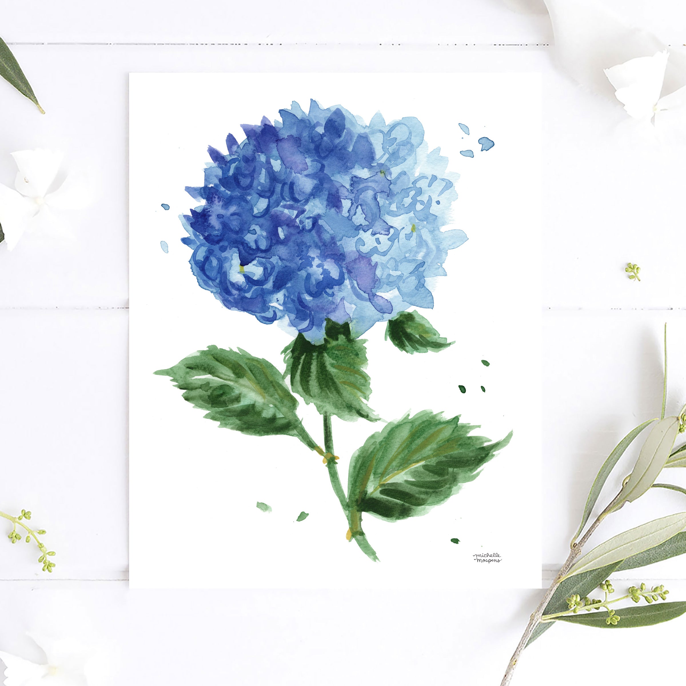 Blue Hydrangea Flower Watercolor No3 Wall Art Print by Michelle Mospens, Unframed