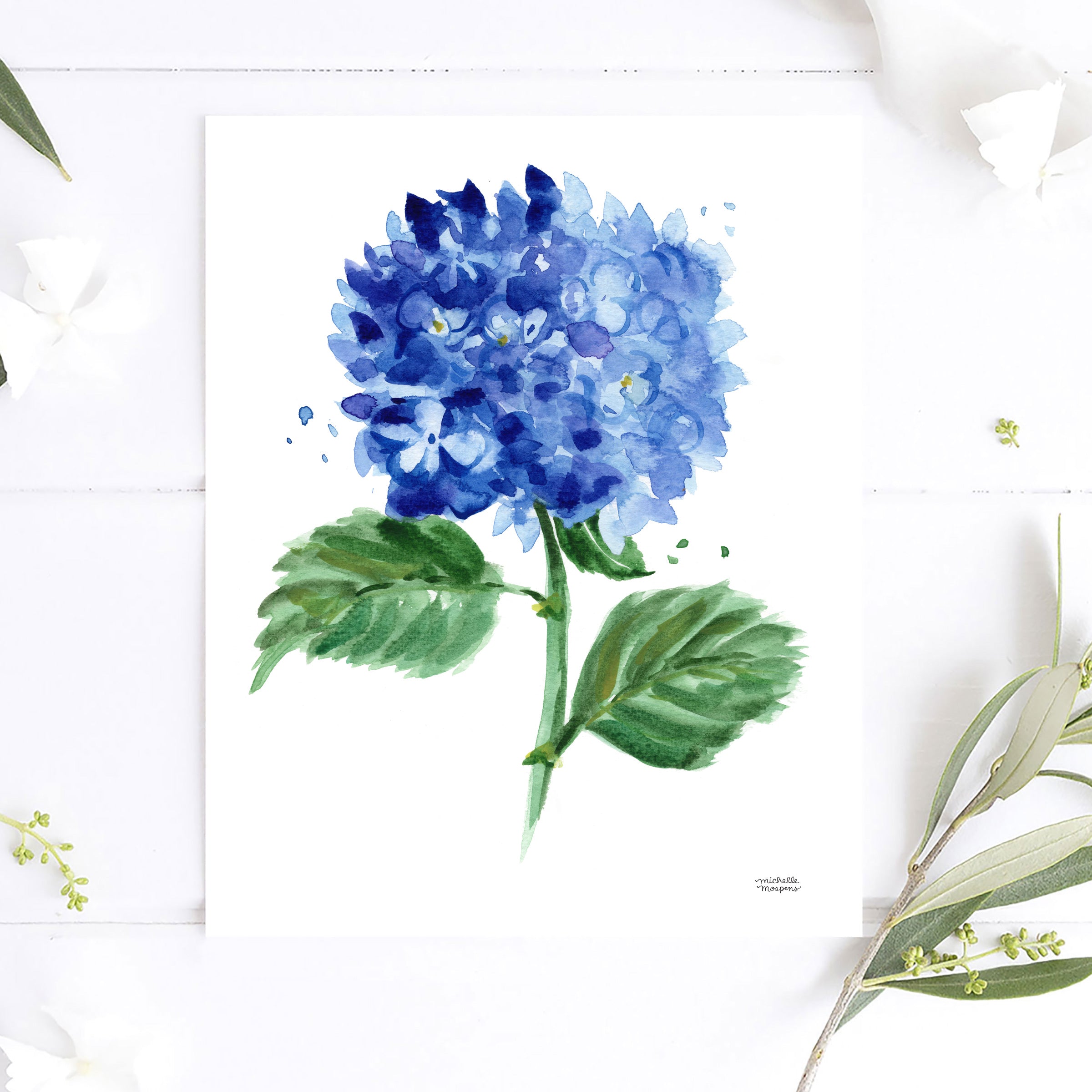 Blue Hydrangea Flower Watercolor No4 Wall Art Print by Michelle Mospens, Unframed