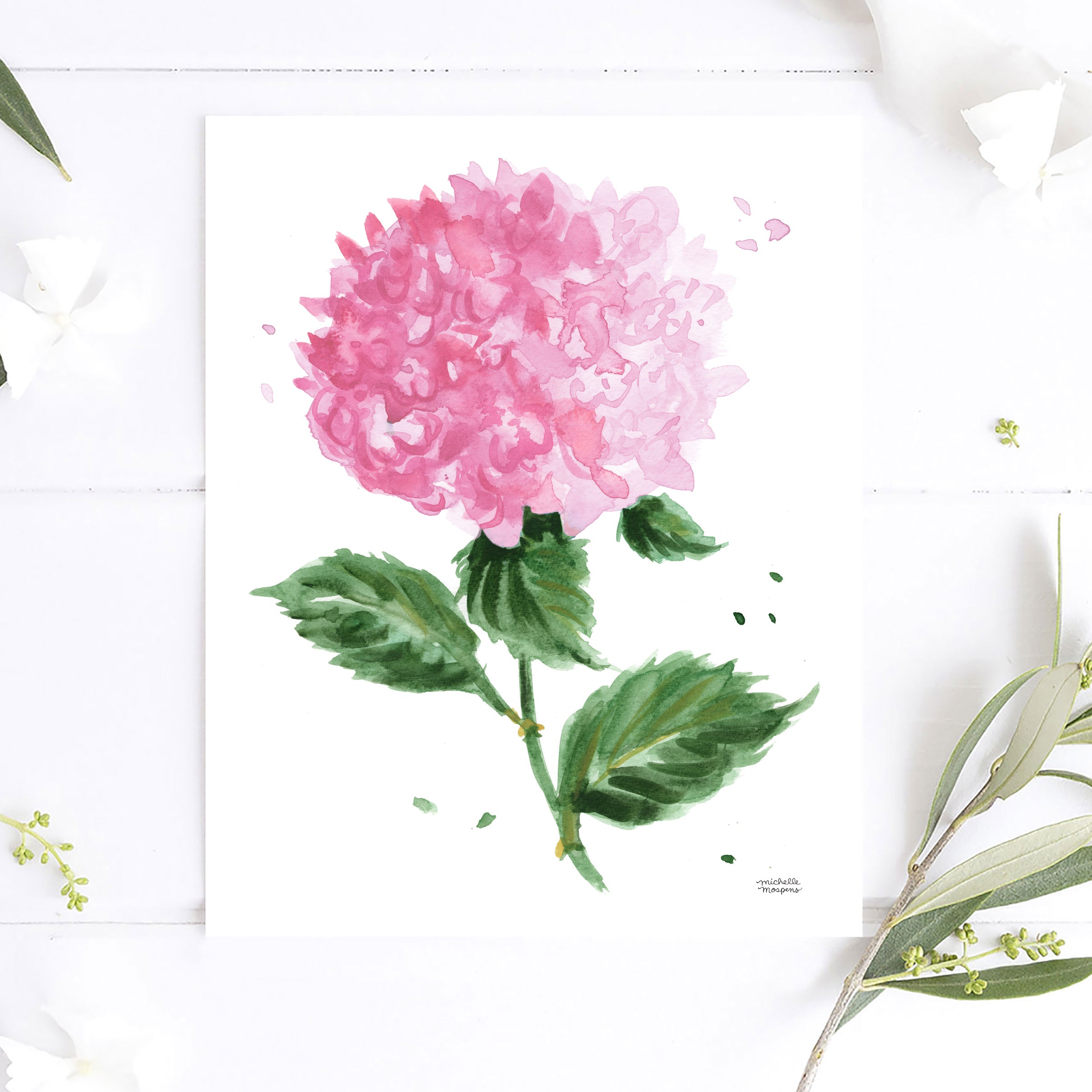 Pink Hydrangea Flower Watercolor No5 Wall Art Print by Michelle Mospens, Unframed