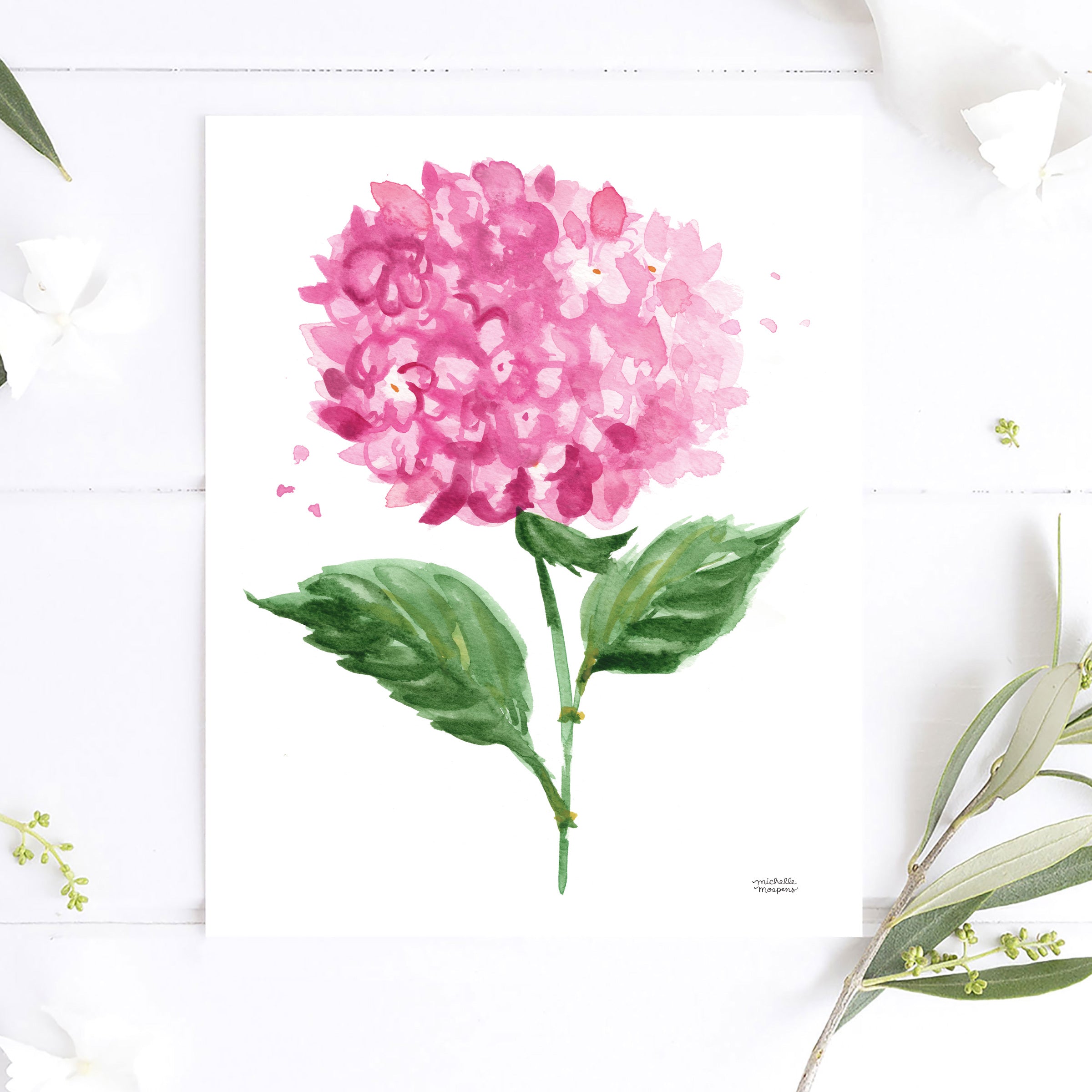 Watercolor Hydrangea Flower Pink Botanical No7 Watercolor Wall Art Print by Michelle Mospens, Unframed