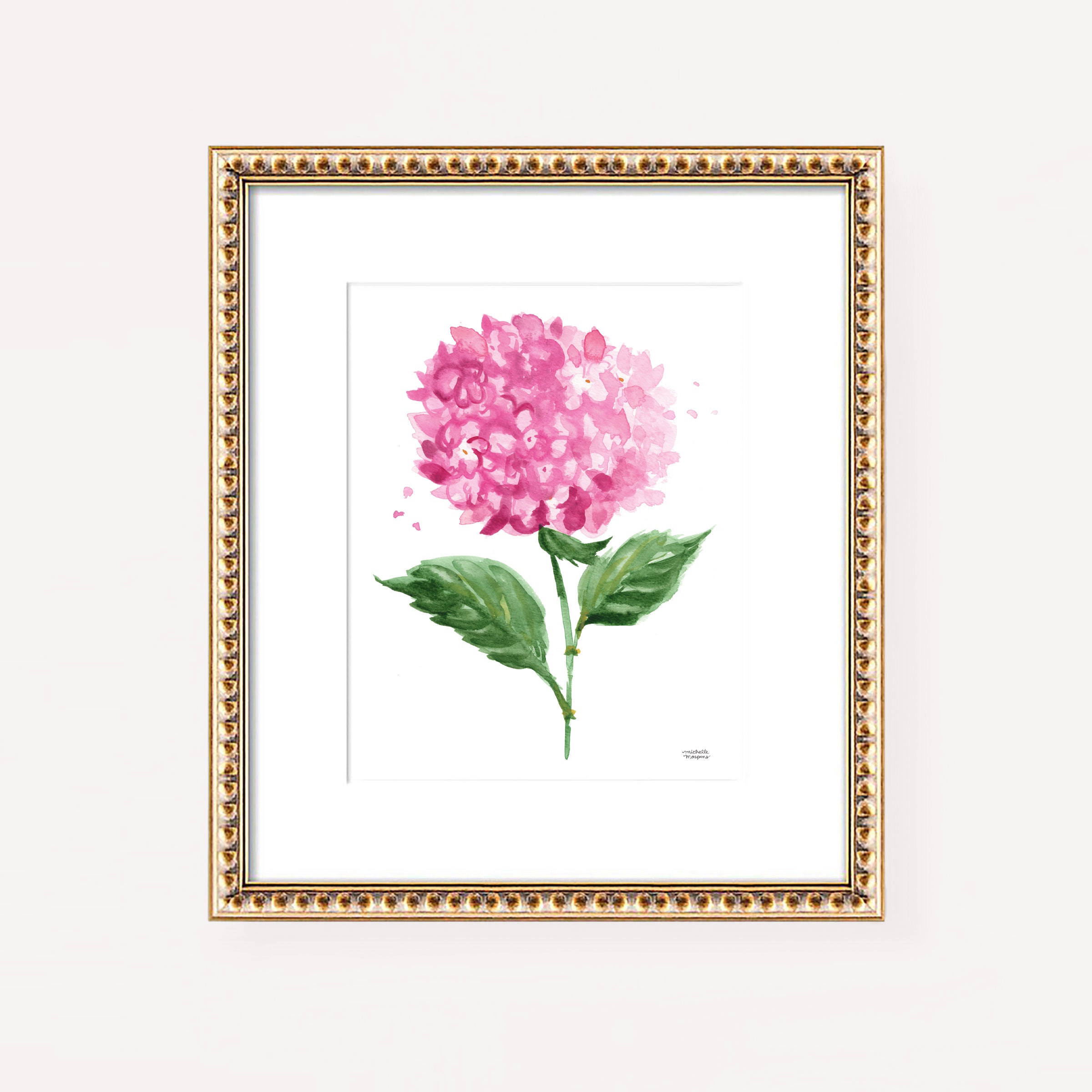 Watercolor Hydrangea Flower Pink Botanical No7 Watercolor Wall Art Print by Michelle Mospens, Unframed