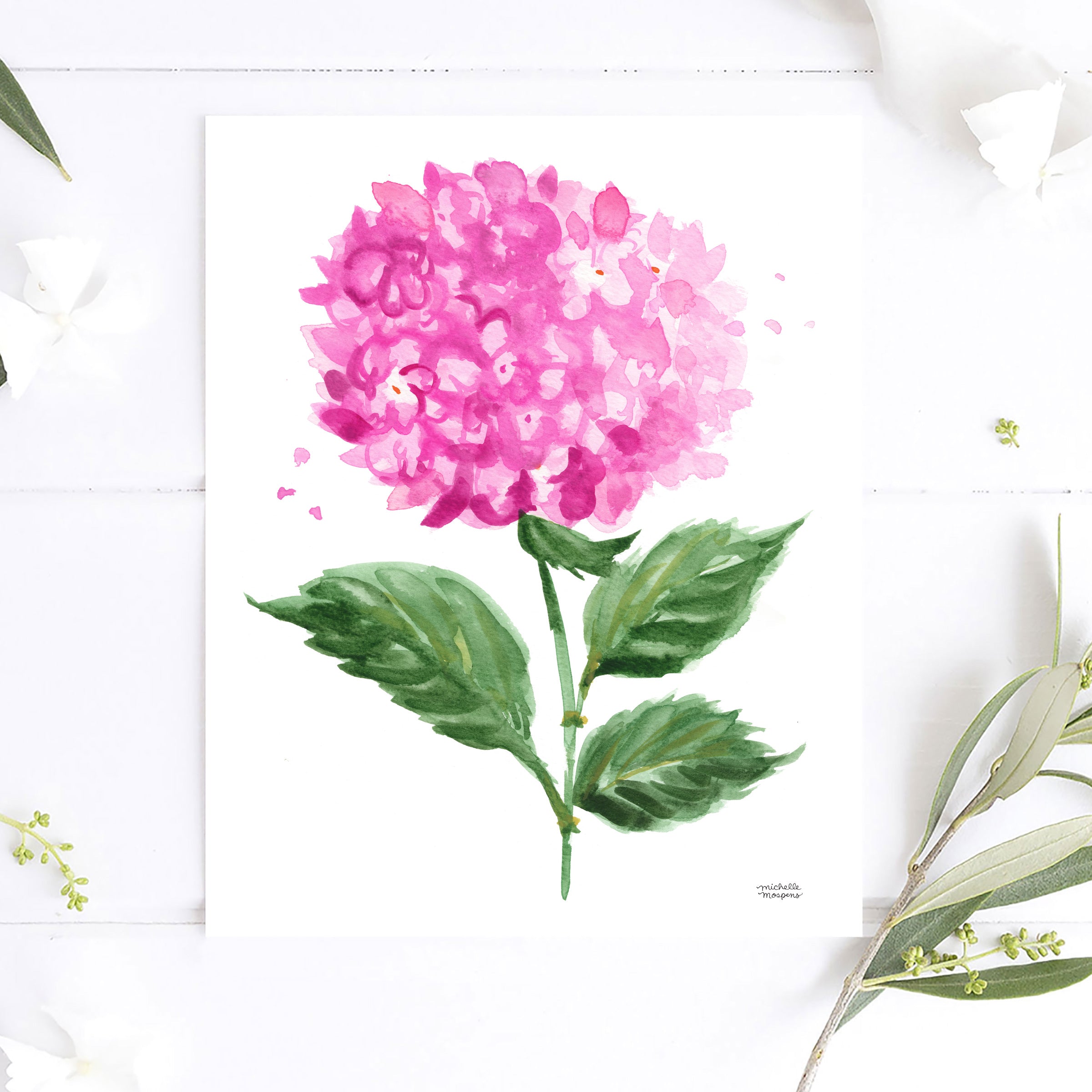 Watercolor Hydrangea Flower Bright Pink Art Print No8 by Michelle Mospens, Unframed