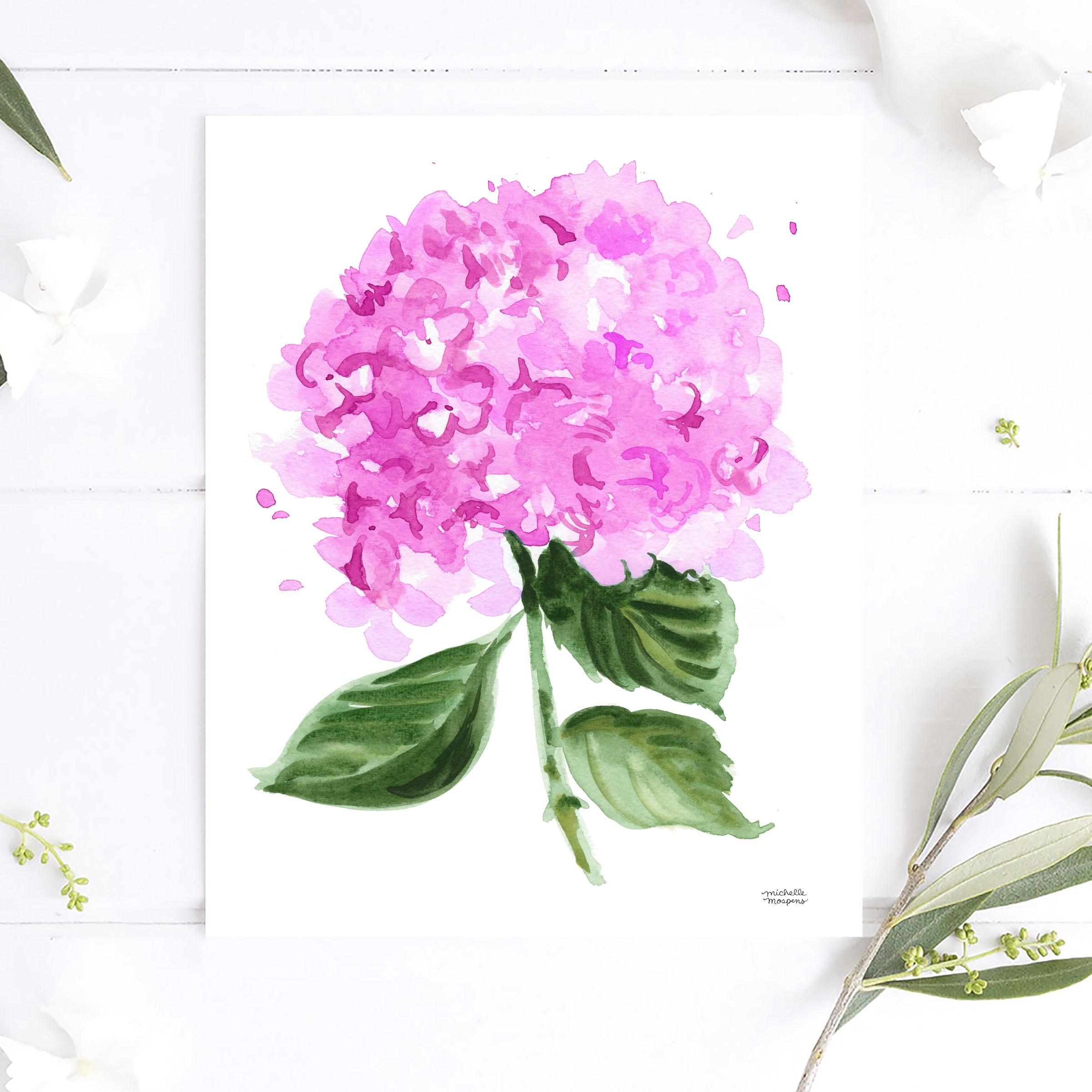 Watercolor Floral Hydrangea Bright Pink Art Print No9 by Michelle Mospens, Unframed