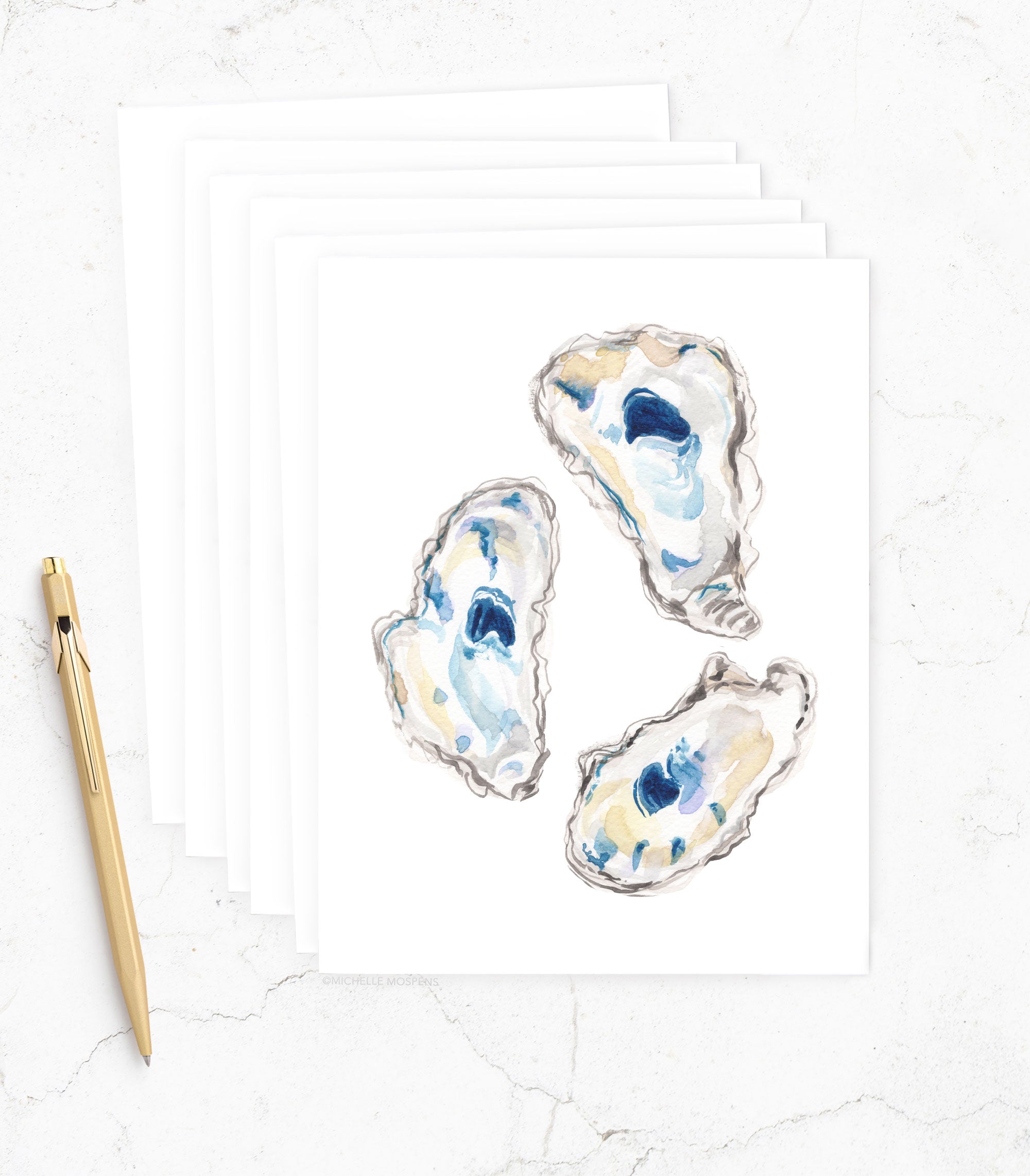 Set of Illustrated Oyster Shells Note Cards: Cute Coastal Watercolor Oysters Stationery Notecards (Stationary)