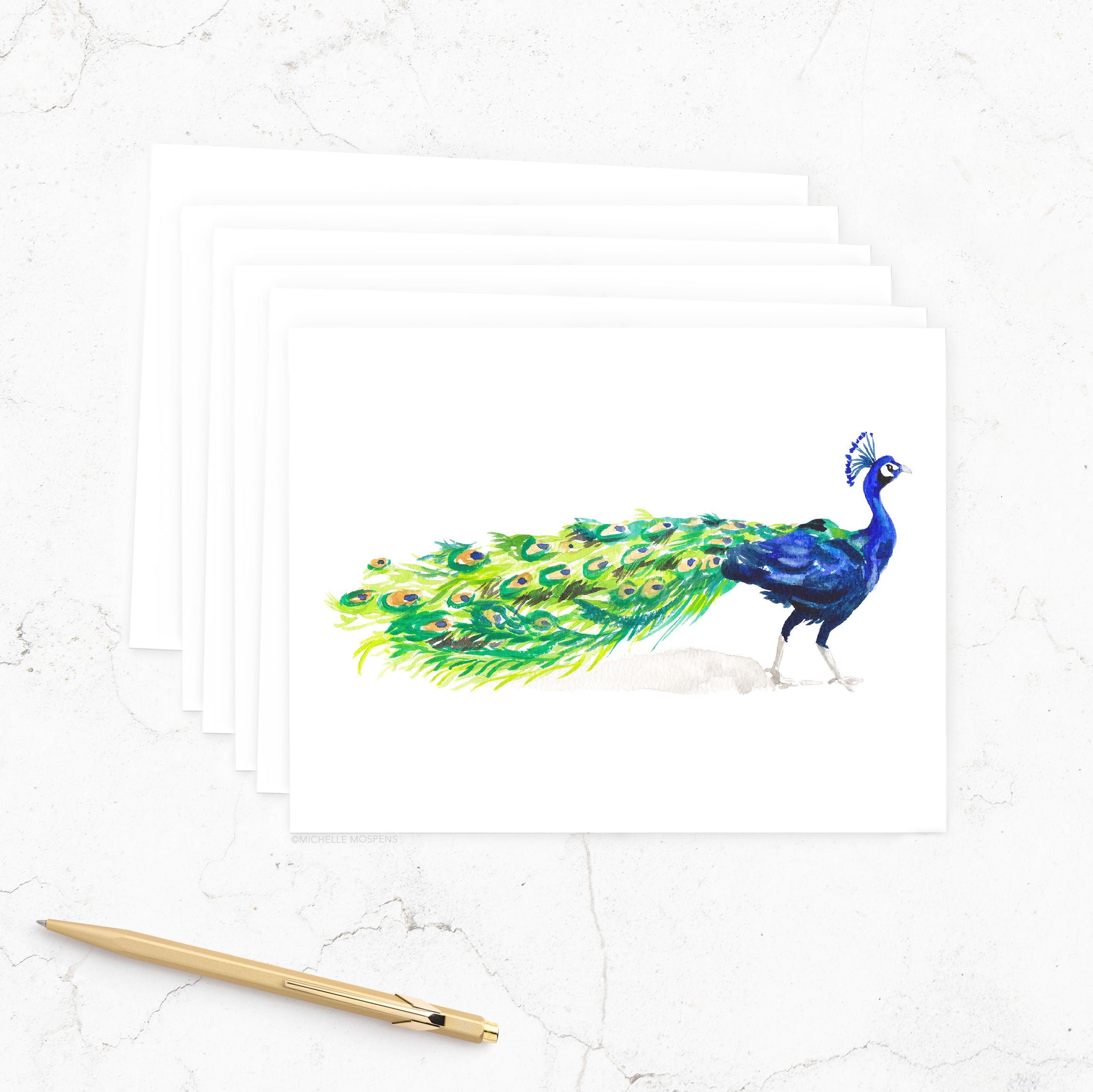 Set of Illustrated Peacock Note Cards: Cute Bird Watercolor Stationery Notecards (Stationary)