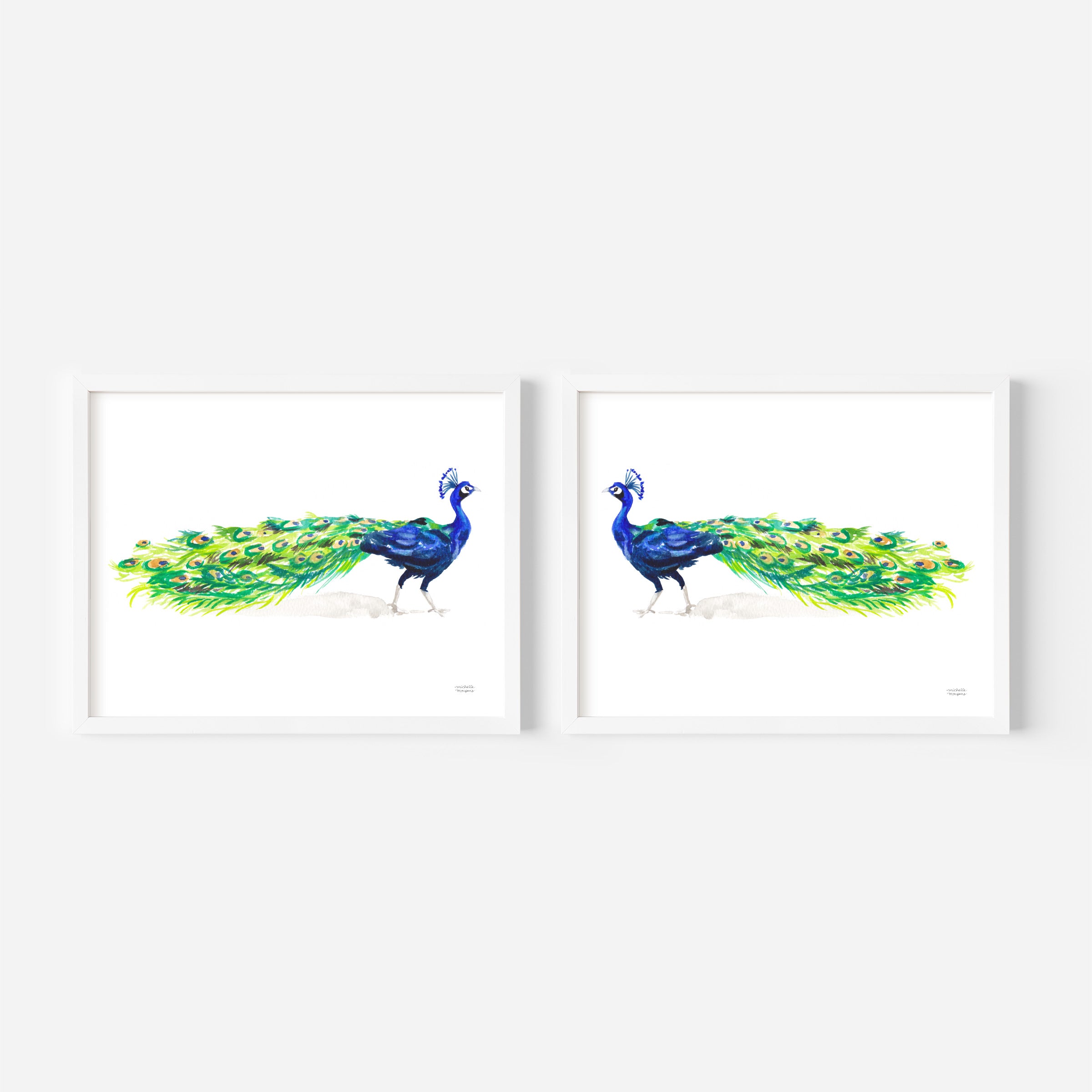 Watercolor Peacock Birds Art Print Set of 2 by Michelle Mospens