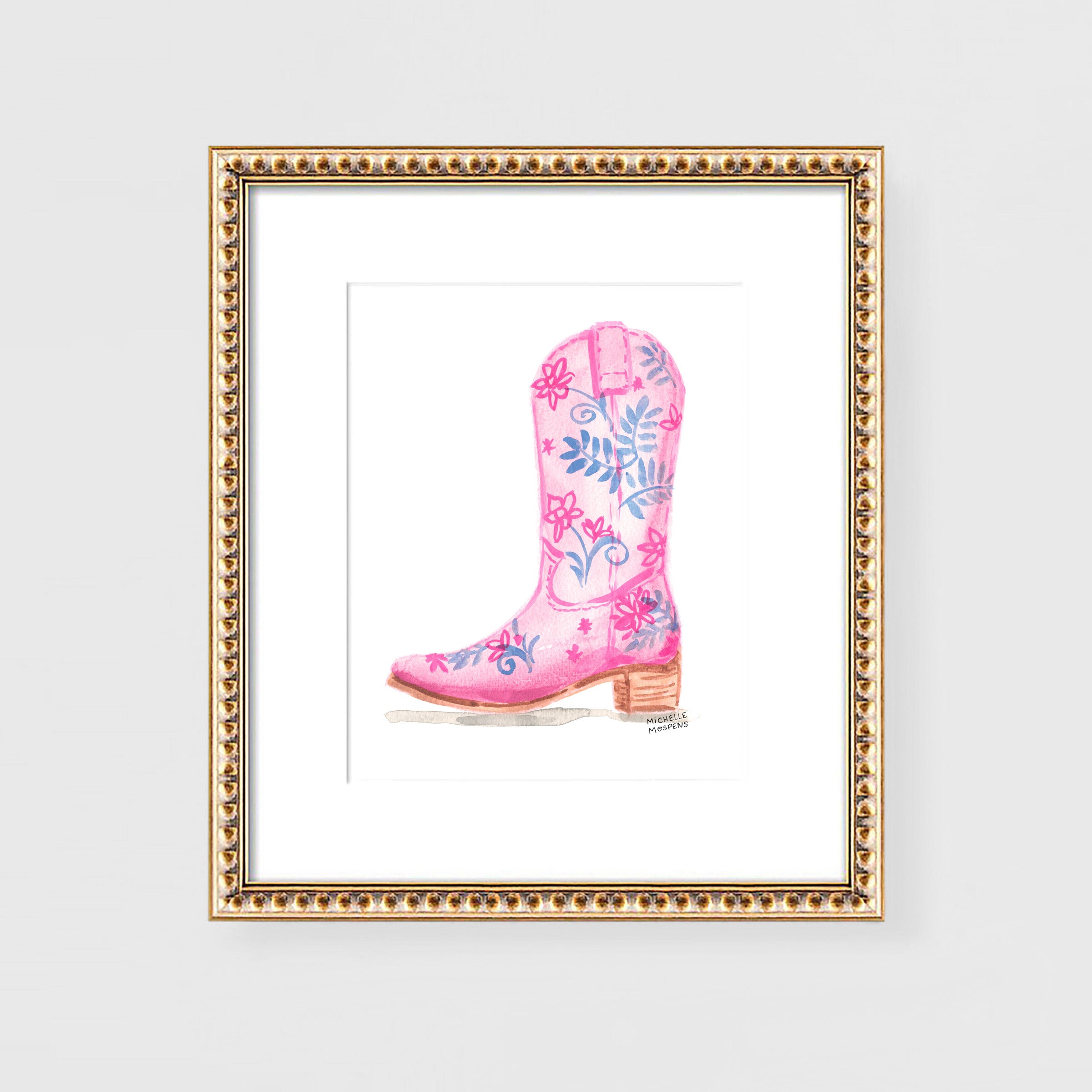 Cute Cowgirl Boot Art Print, Coastal Cowgirl Wall Art, Pink Floral Cowgirl Dorm Room Decor