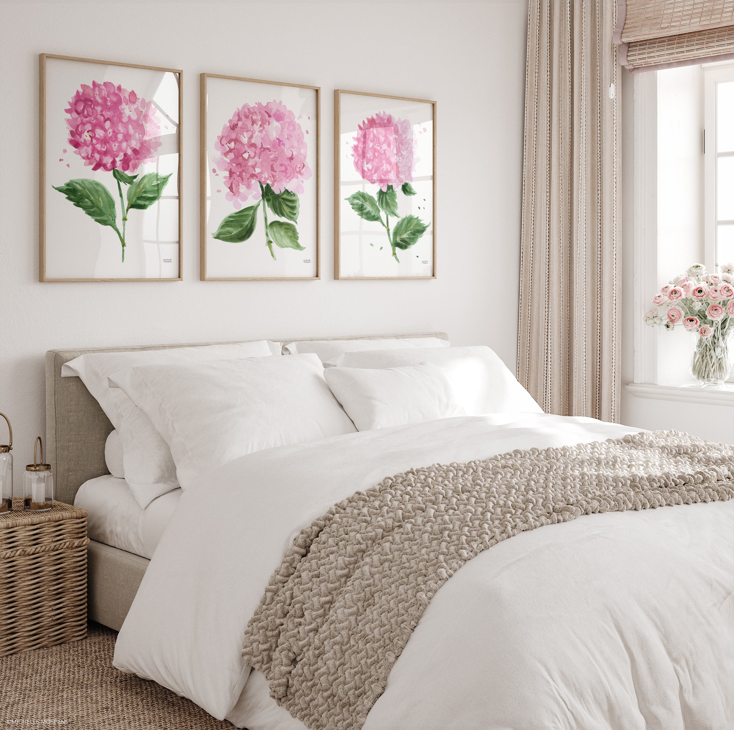 Watercolor Pink Hydrangea Flowers Extra Large Wall Art Prints Set of 3 by Michelle Mospens