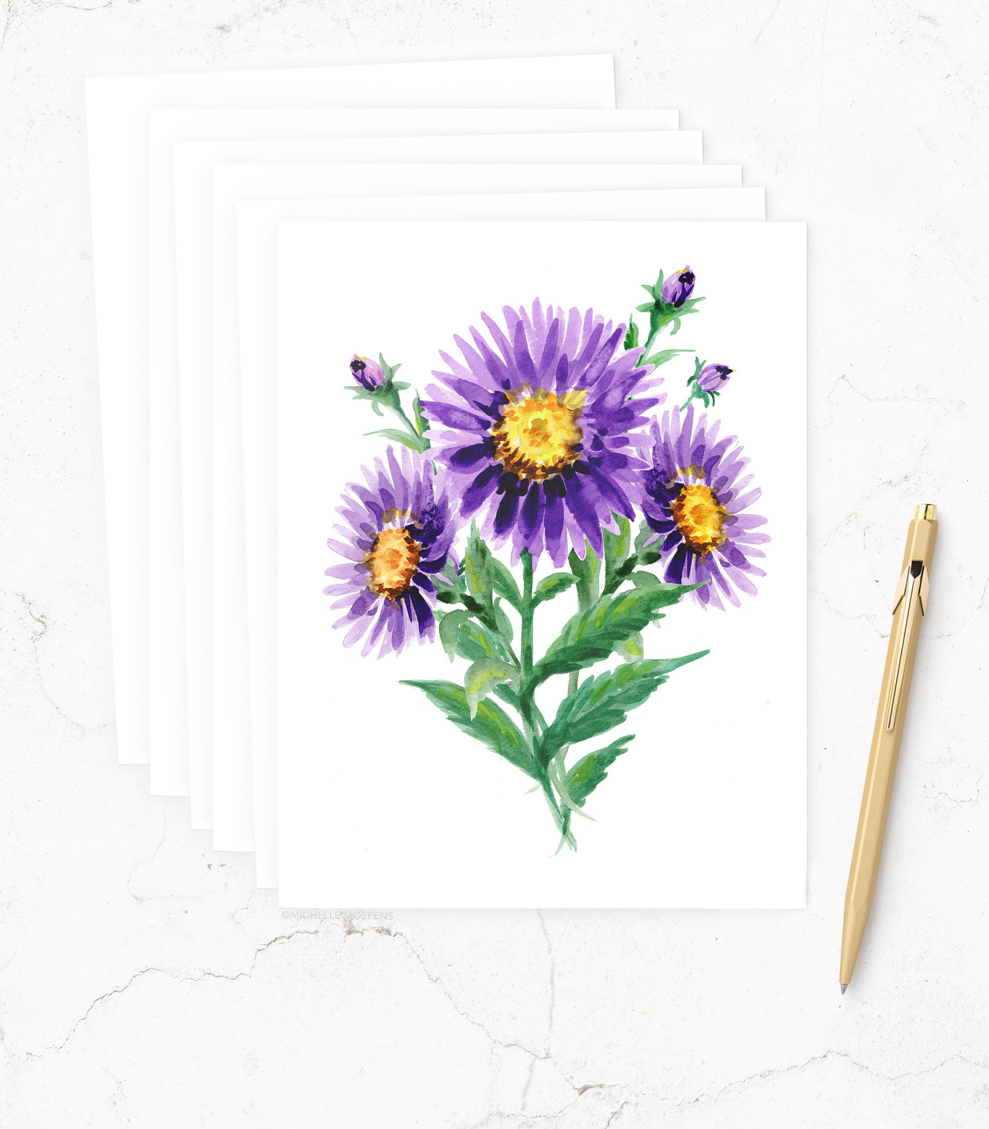 Botanical Watercolor Aster Notecards, September Birth Flower Stationery | Michelle Mospens