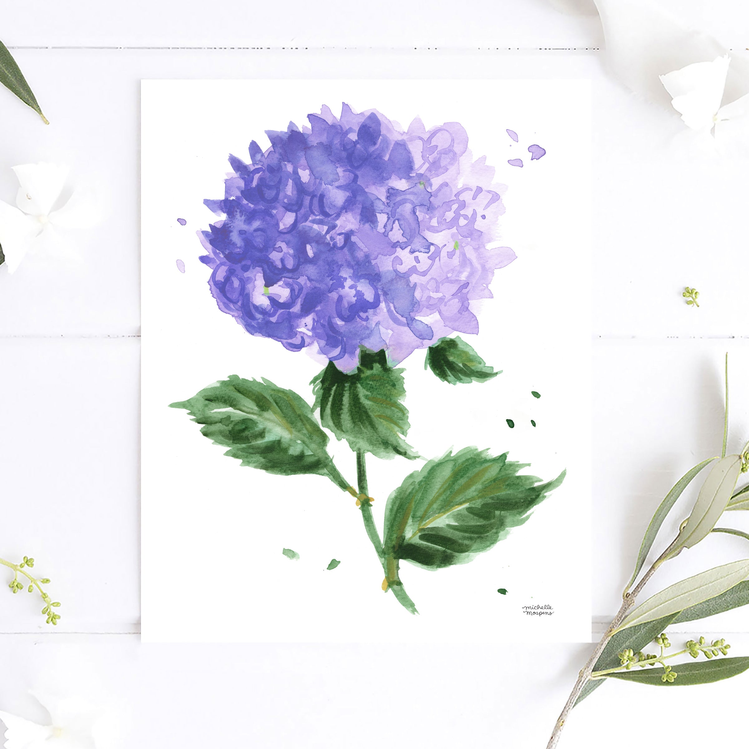 Purple Watercolor Hydrangea Flower Art Print No10 by Michelle Mospens, Unframed
