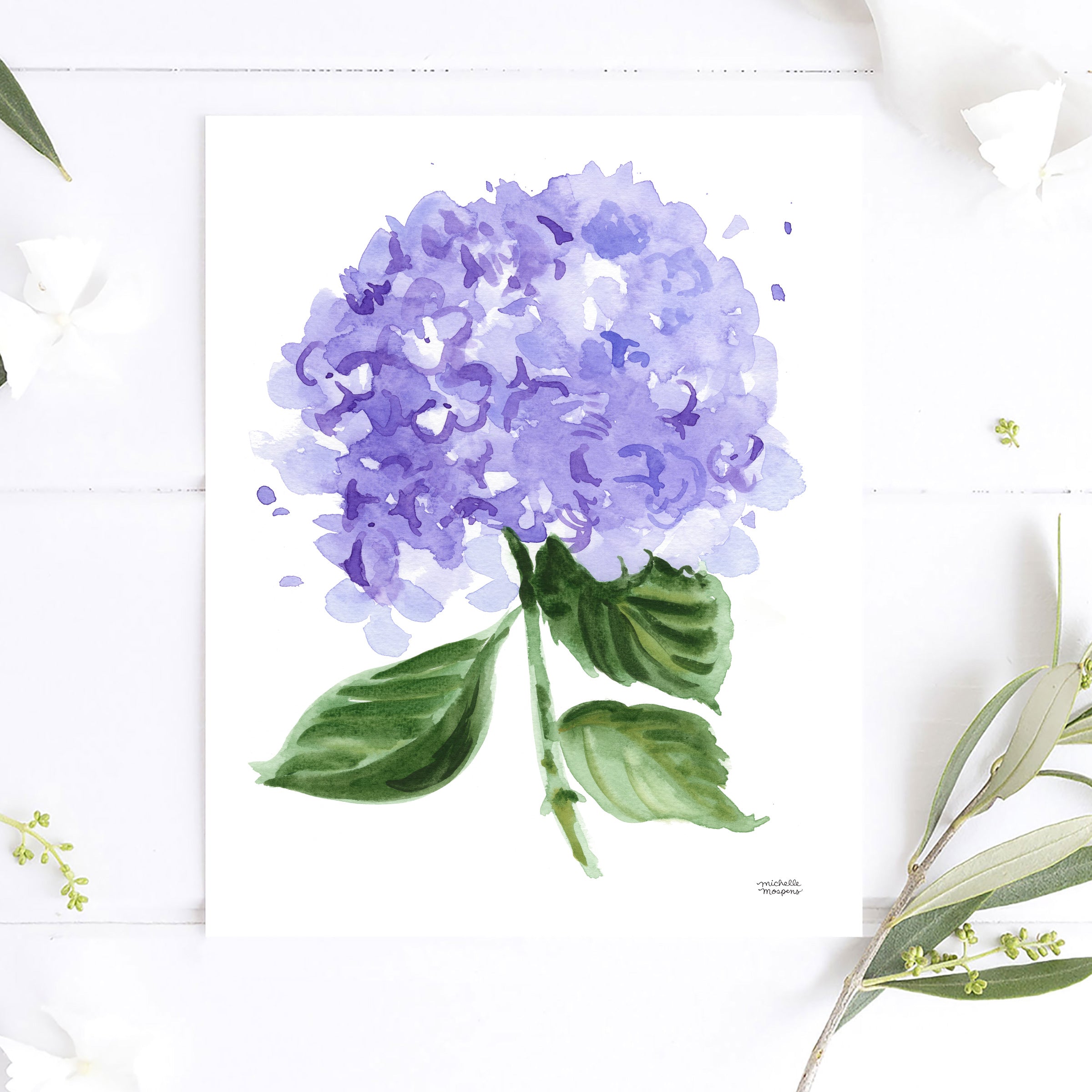 Purple Lilac Watercolor Floral Hydrangea Art Print No11 by Michelle Mospens, Unframed