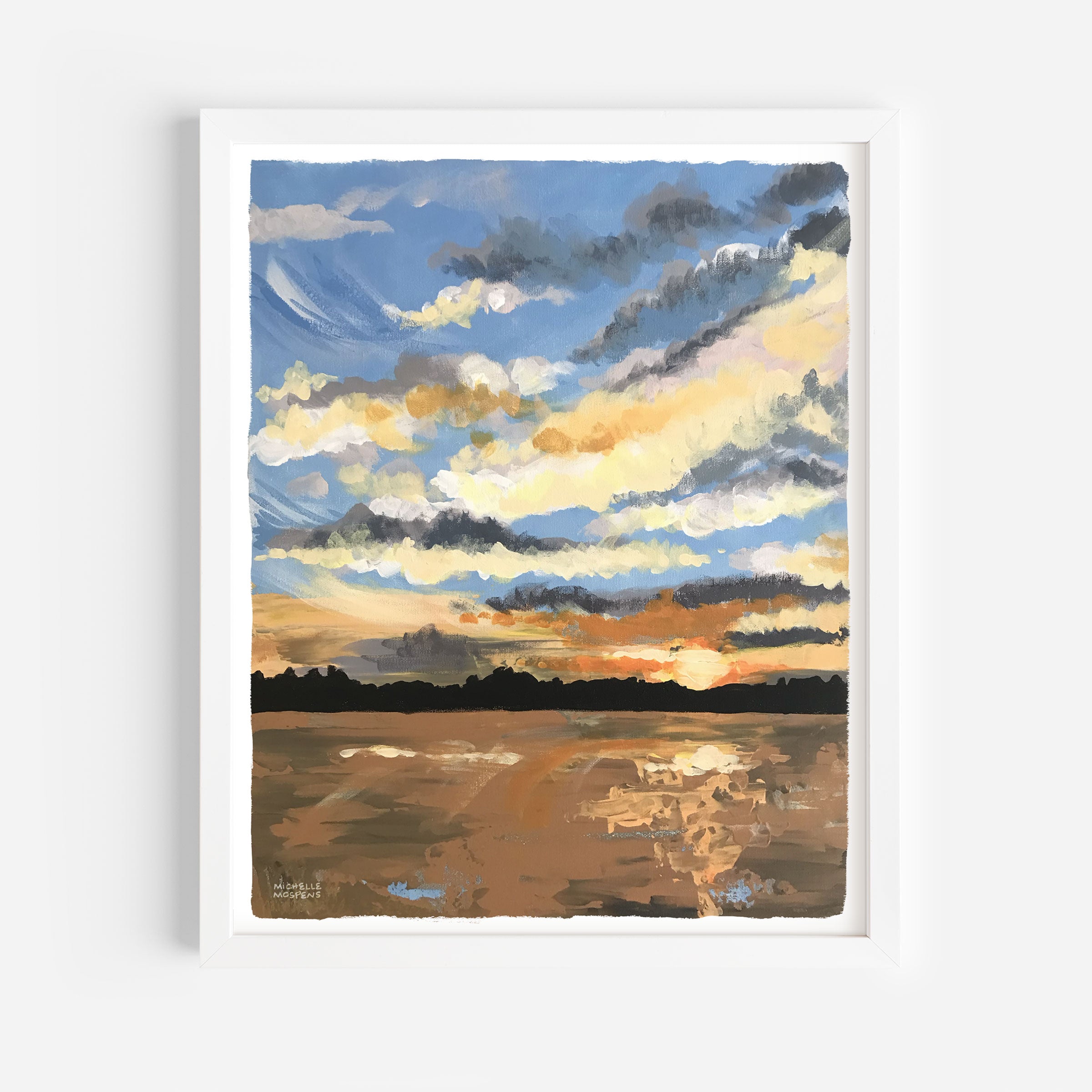 Lake Sunset Wall Art Abstract Painting Lakehouse Statement Modern Lakefront Print Blue Orange Brown Rose Moon No1 Art Print