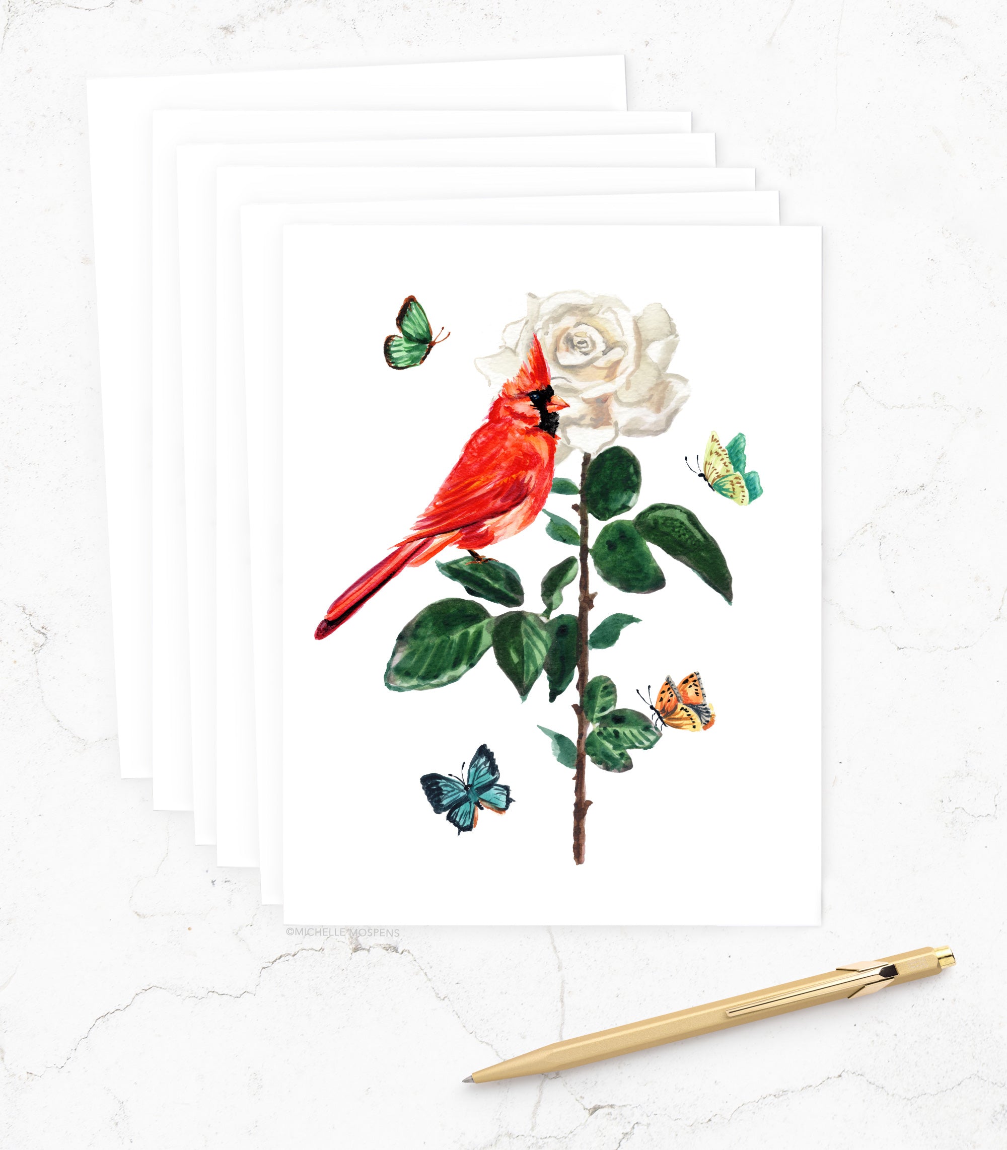 Watercolor Cardinal Bird and Flower Card Set by Michelle Mospens