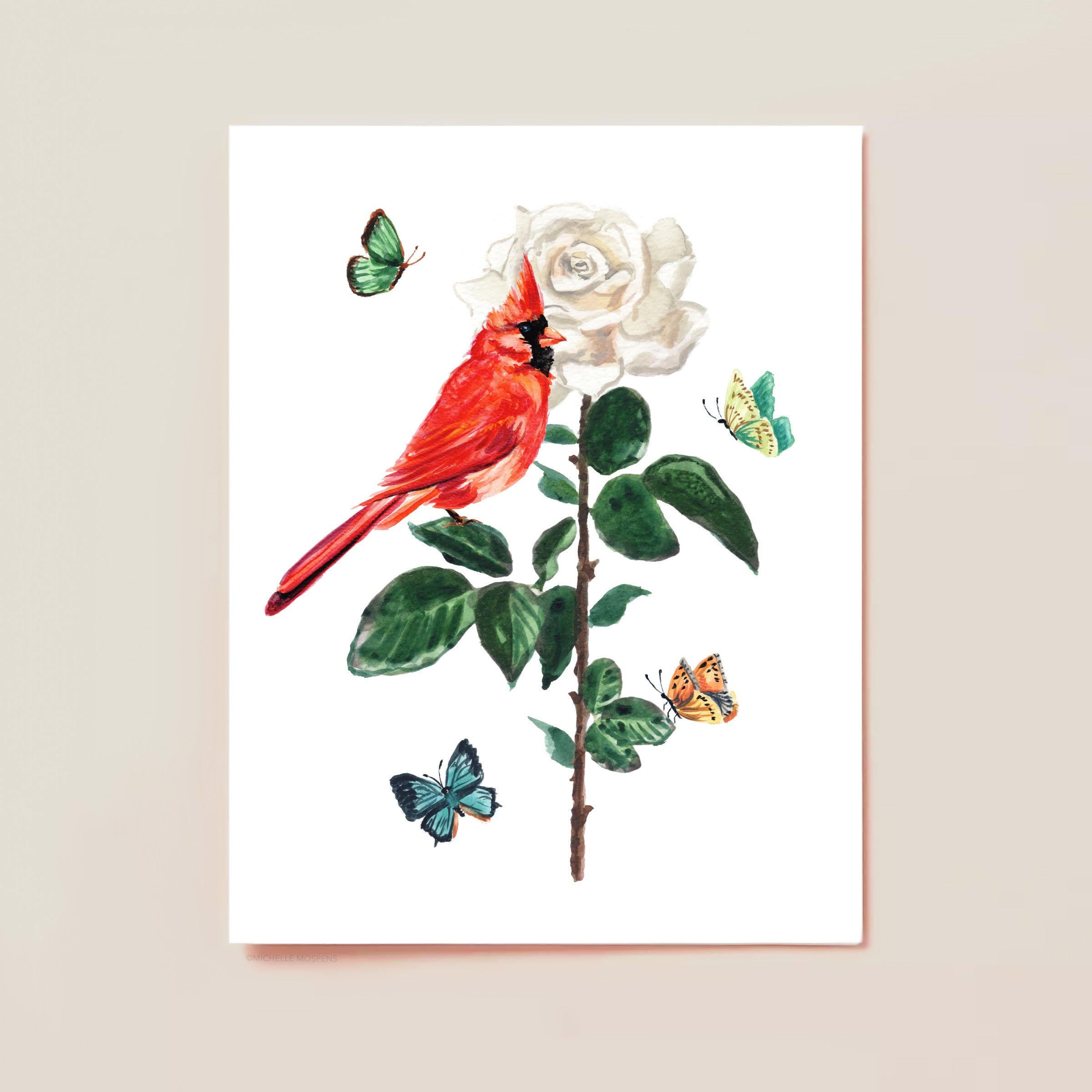 Watercolor Cardinal Bird and Flower Card Set by Michelle Mospens