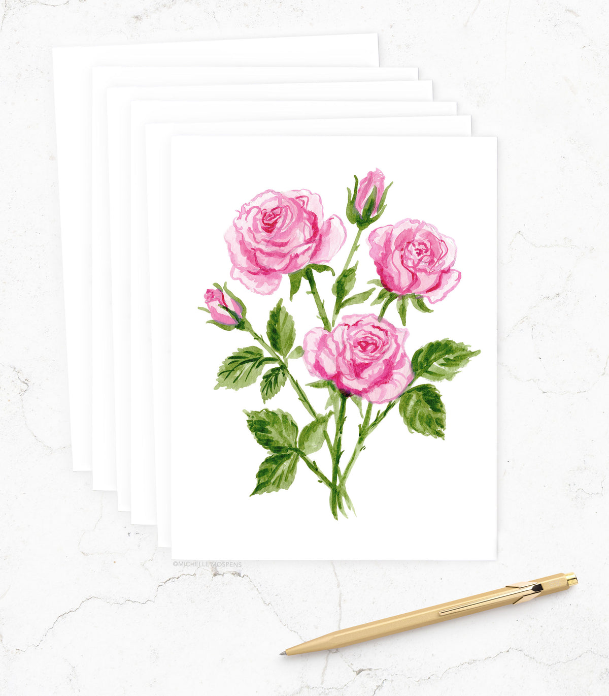Watercolor Roses Notecard Set, June Birth Flower | Michelle Mospens