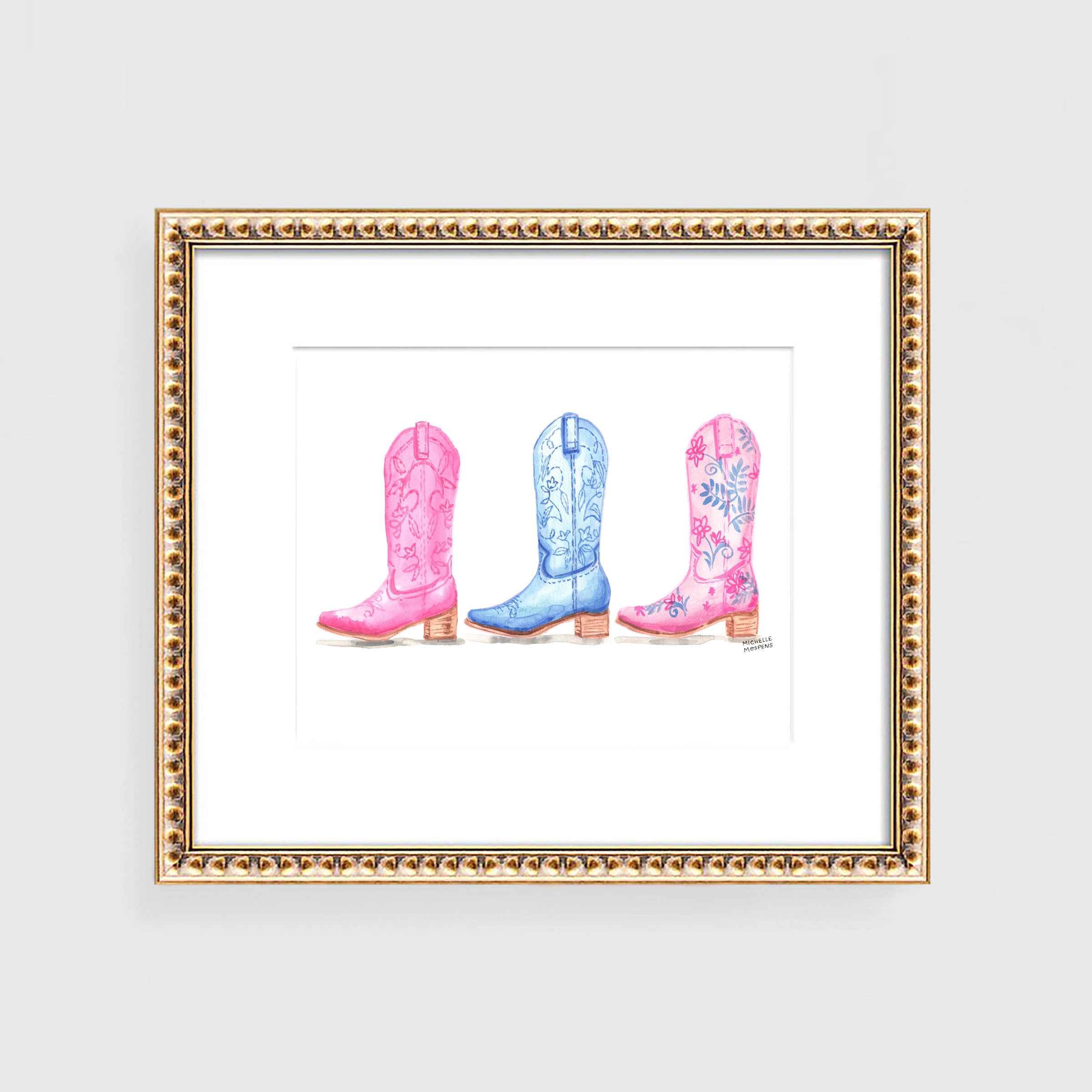 Cute Cowgirl Boots Art Print, Coastal Cowgirl Bedroom Wall Art, Pink and Blue Denim Cowgirl Dorm Room Decor